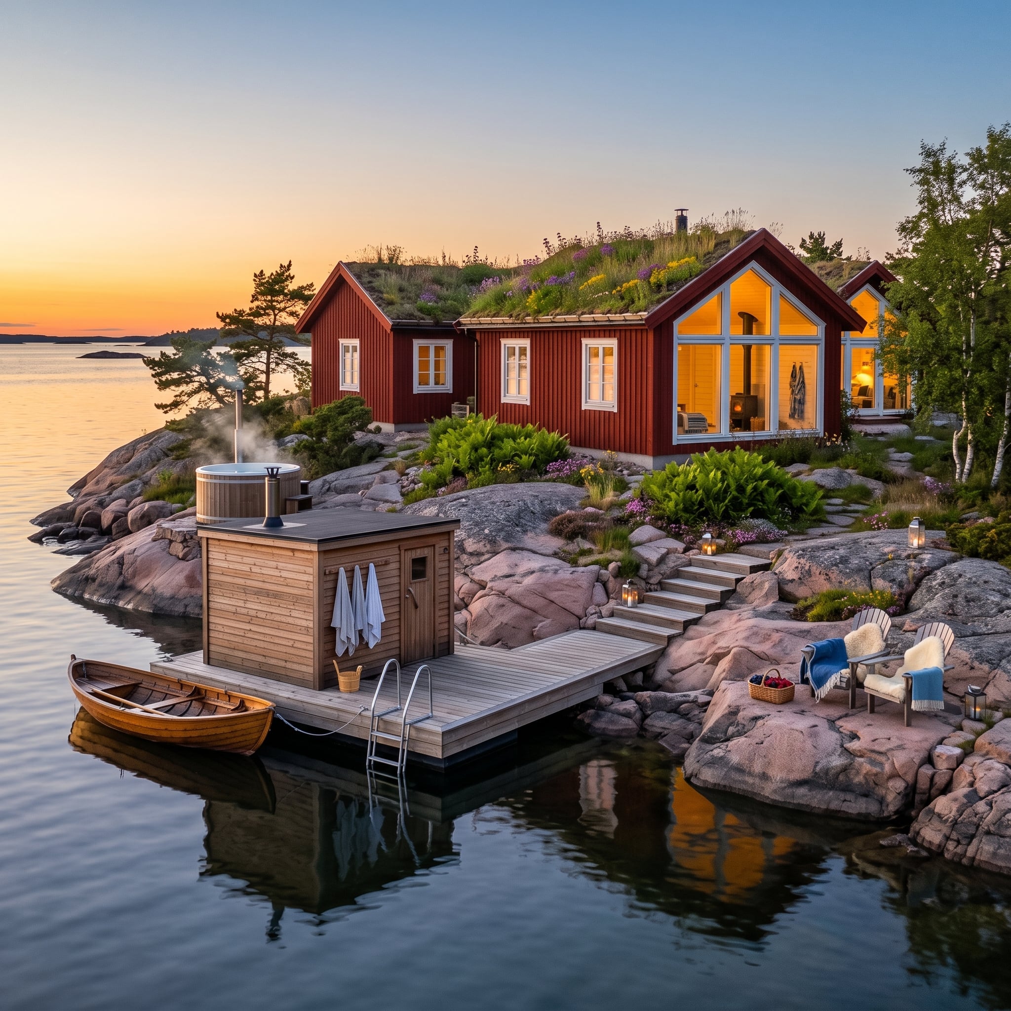 Deep Red, a Grass Roof, and a Dock Sauna That Means Business