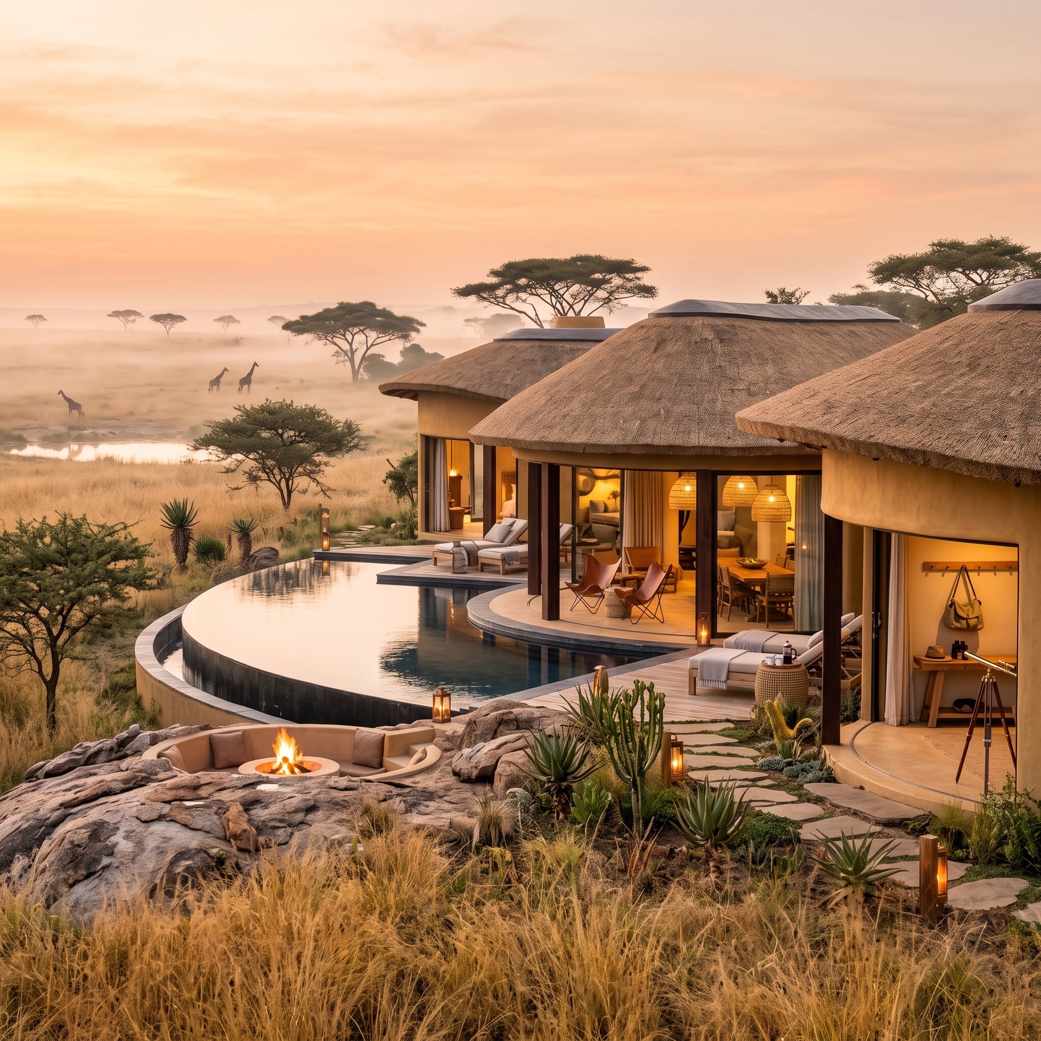 Giraffes on the Horizon, Thatch Overhead, and a Fire Pit Carved Into the Kopje