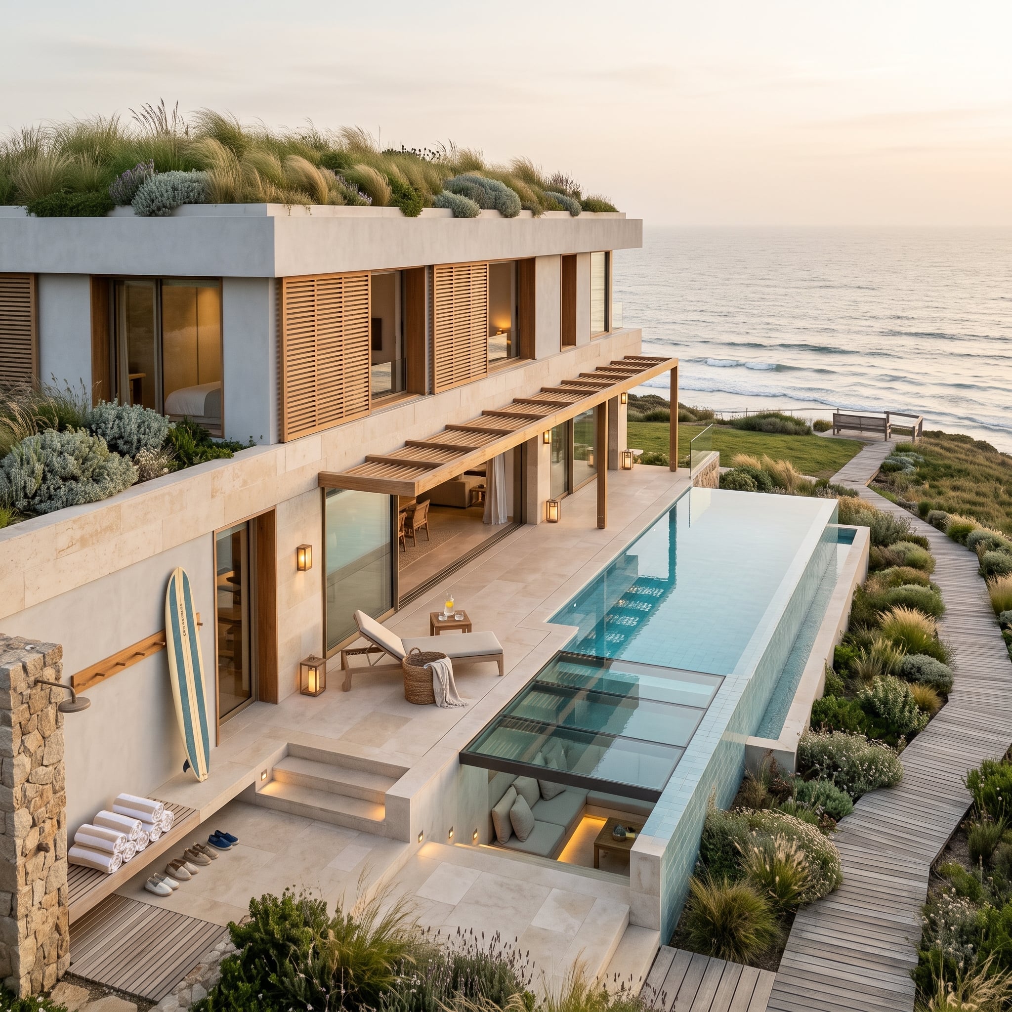 Green Roof, Glass Pool Floor, and a Surfboard Rack That Keeps It Human
