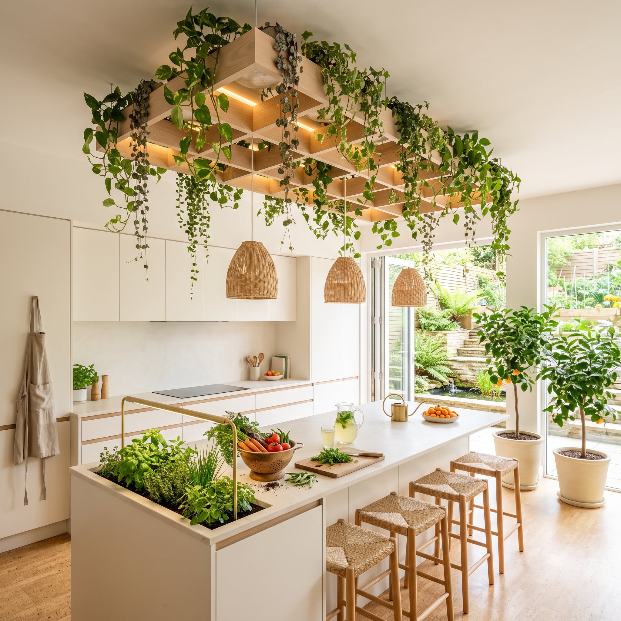 Hanging Gardens Above the Island Explain What Most White Kitchens Get Wrong Overhead
