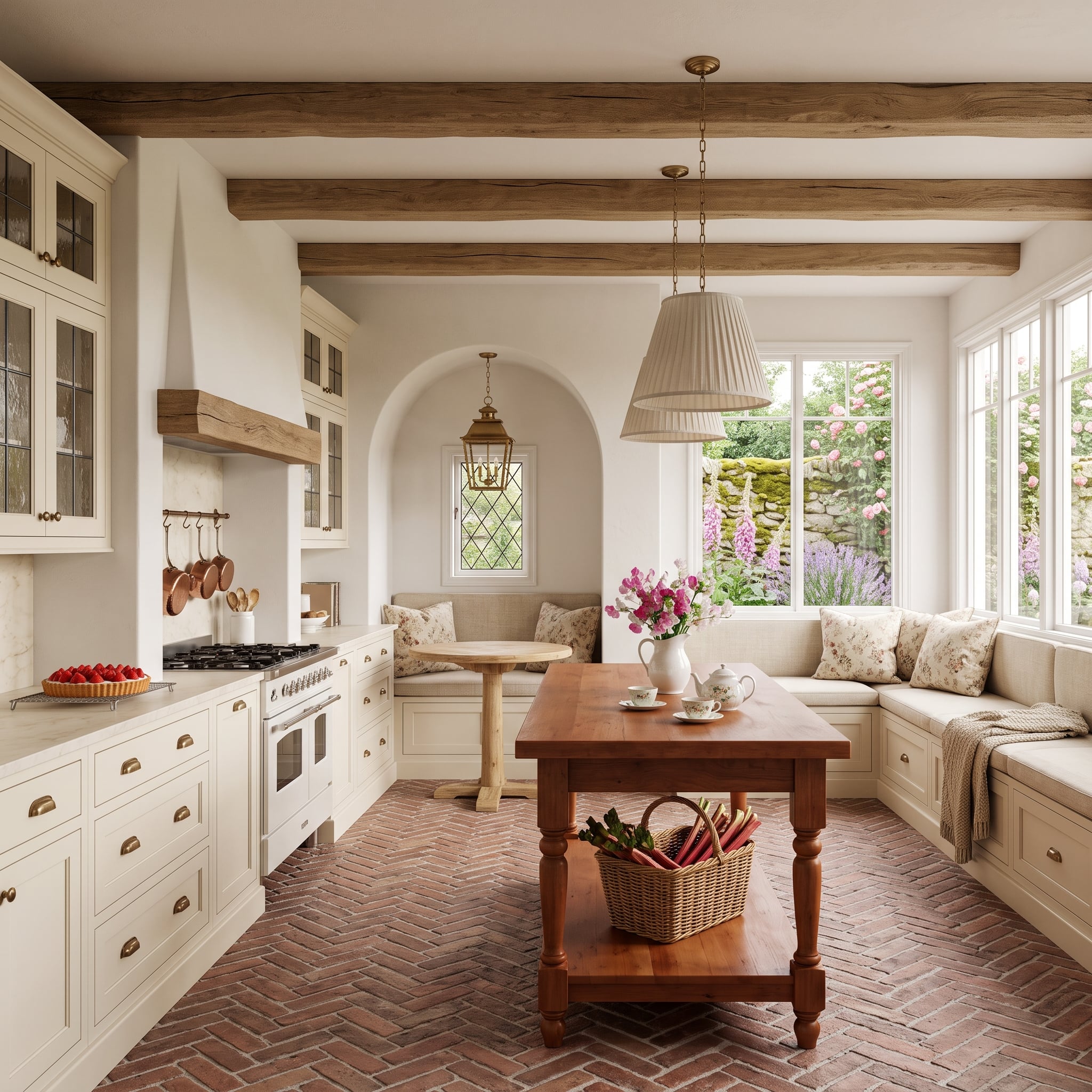 Herringbone Brick, Exposed Beams, and a Garden View Explain This Kitchen's Quiet Pull