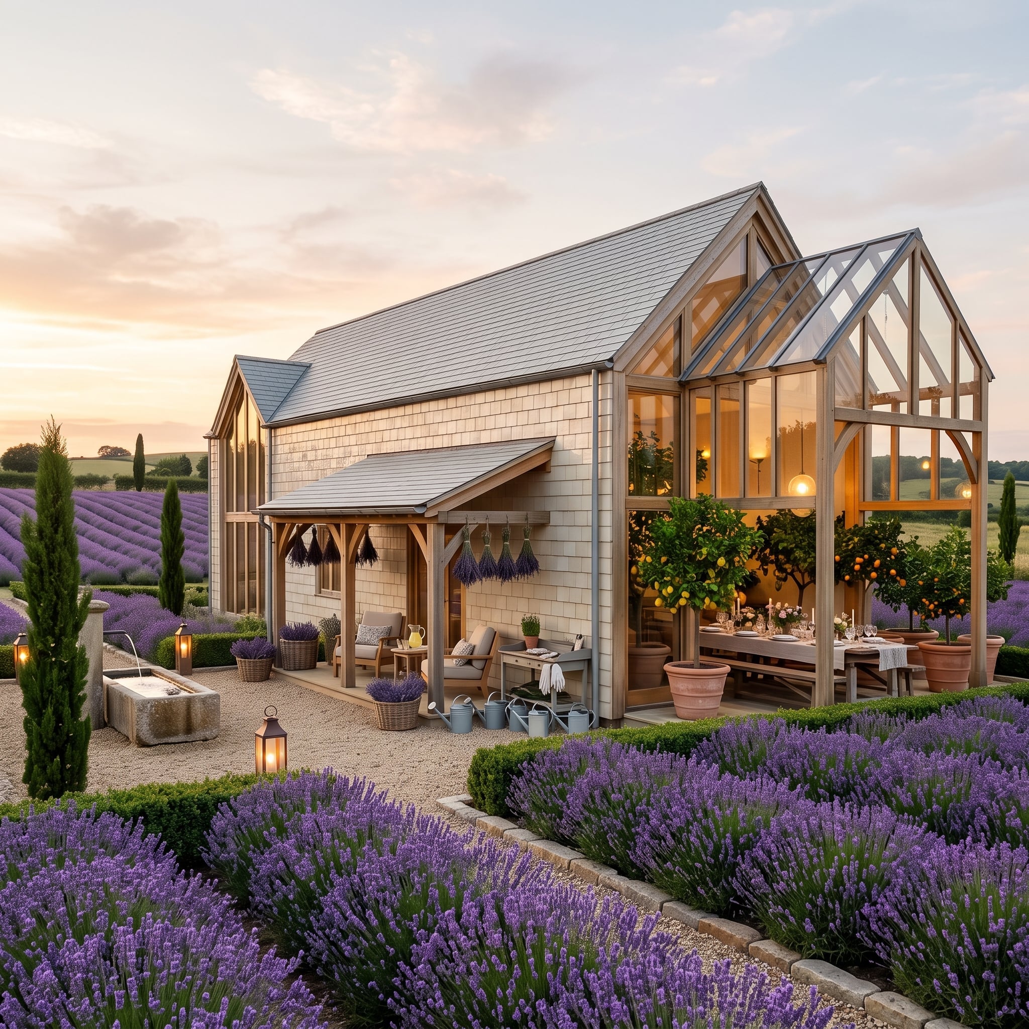 Lavender Fields, a Glass Barn, and Dried Bundles Hanging Where Art Would Be