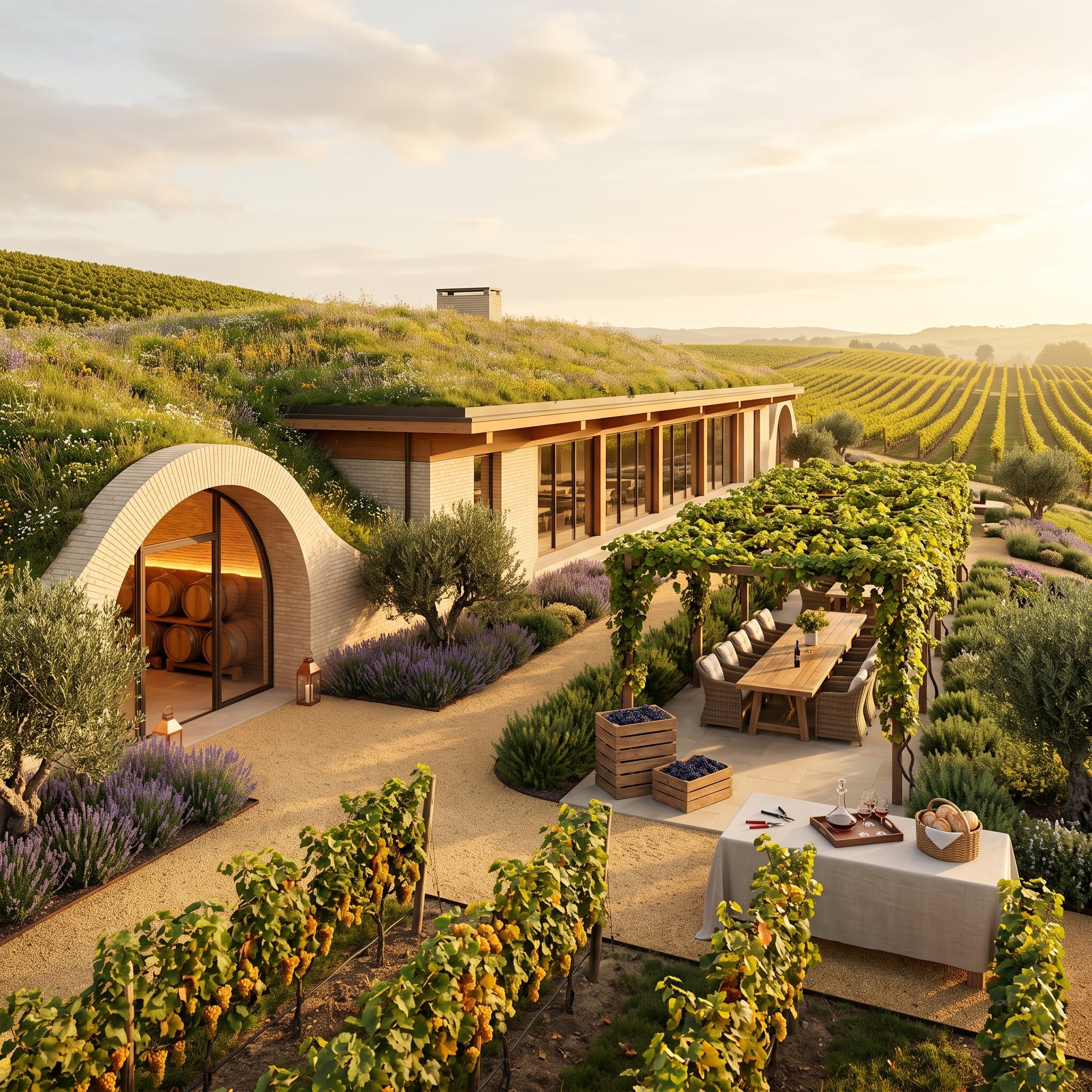 Lavender Rows, a Barrel Cave, and a Vine-Covered Pergola Built for Shade