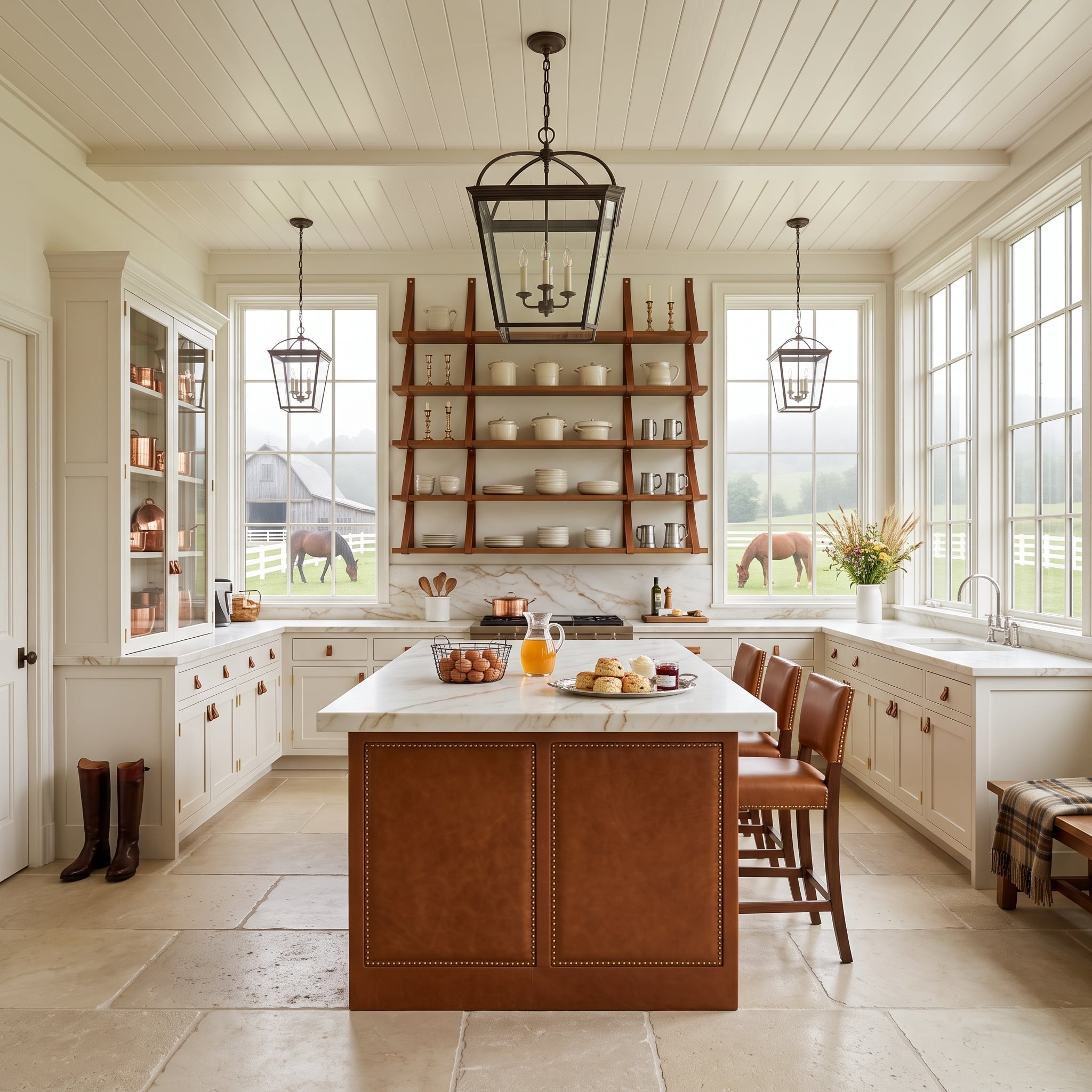 Leather-Wrapped Island, Barn Views, and Riding Boots by the Door Explain This Kitchen's Warmth