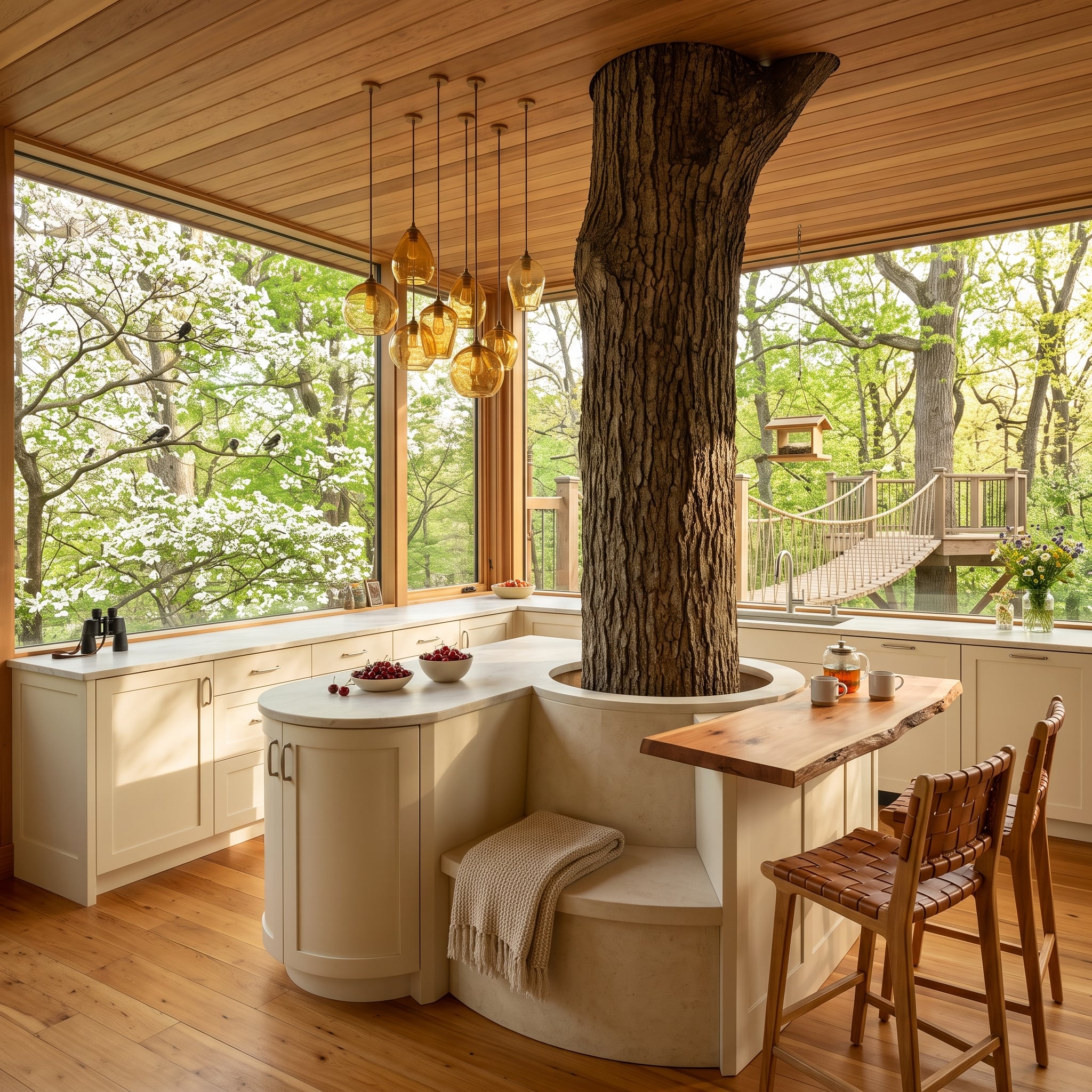 Living Tree Through the Island: How Nature Does the Heavy Lifting in White Kitchens