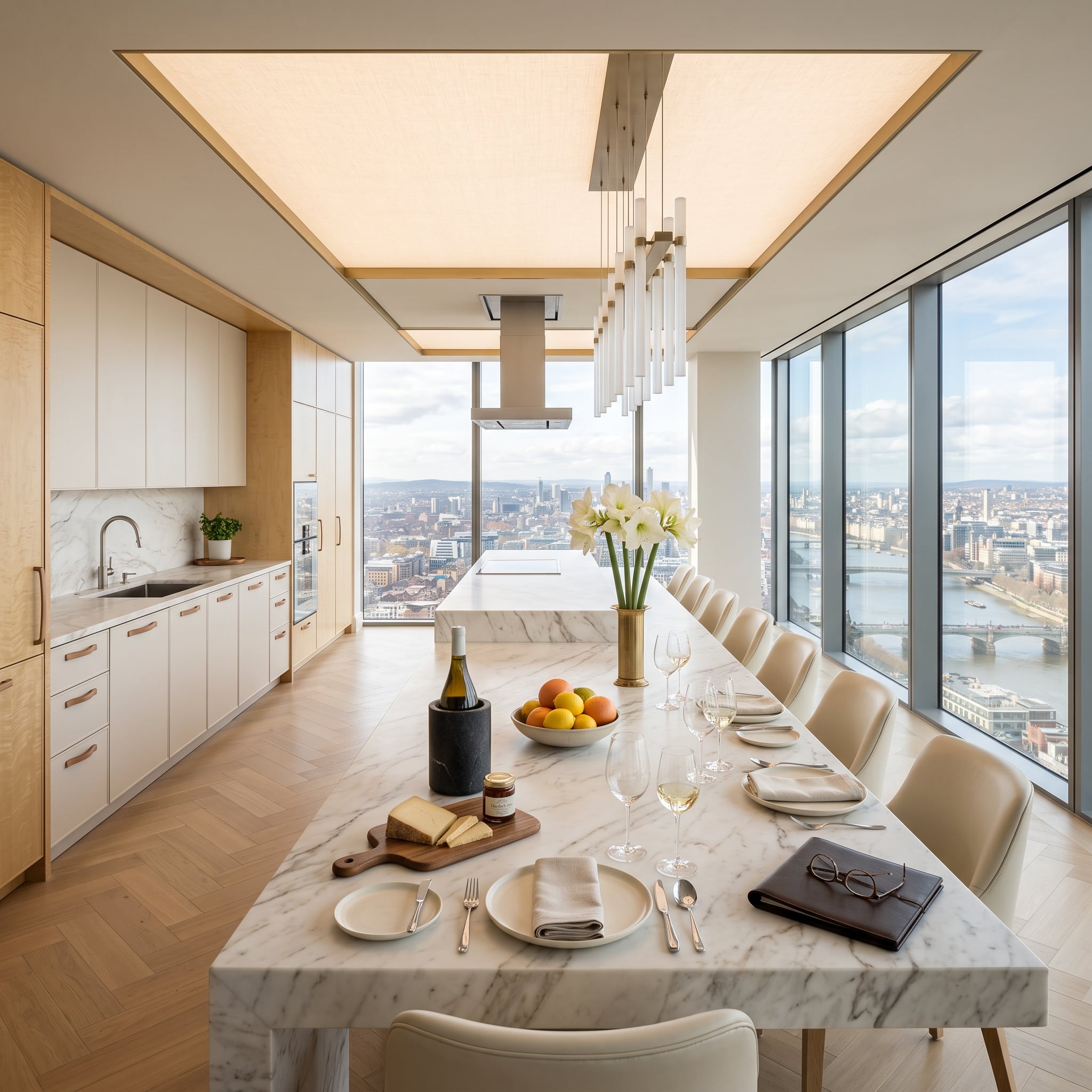 Marble Table, Herringbone Floor, City Below: What Altitude Does for White Kitchens