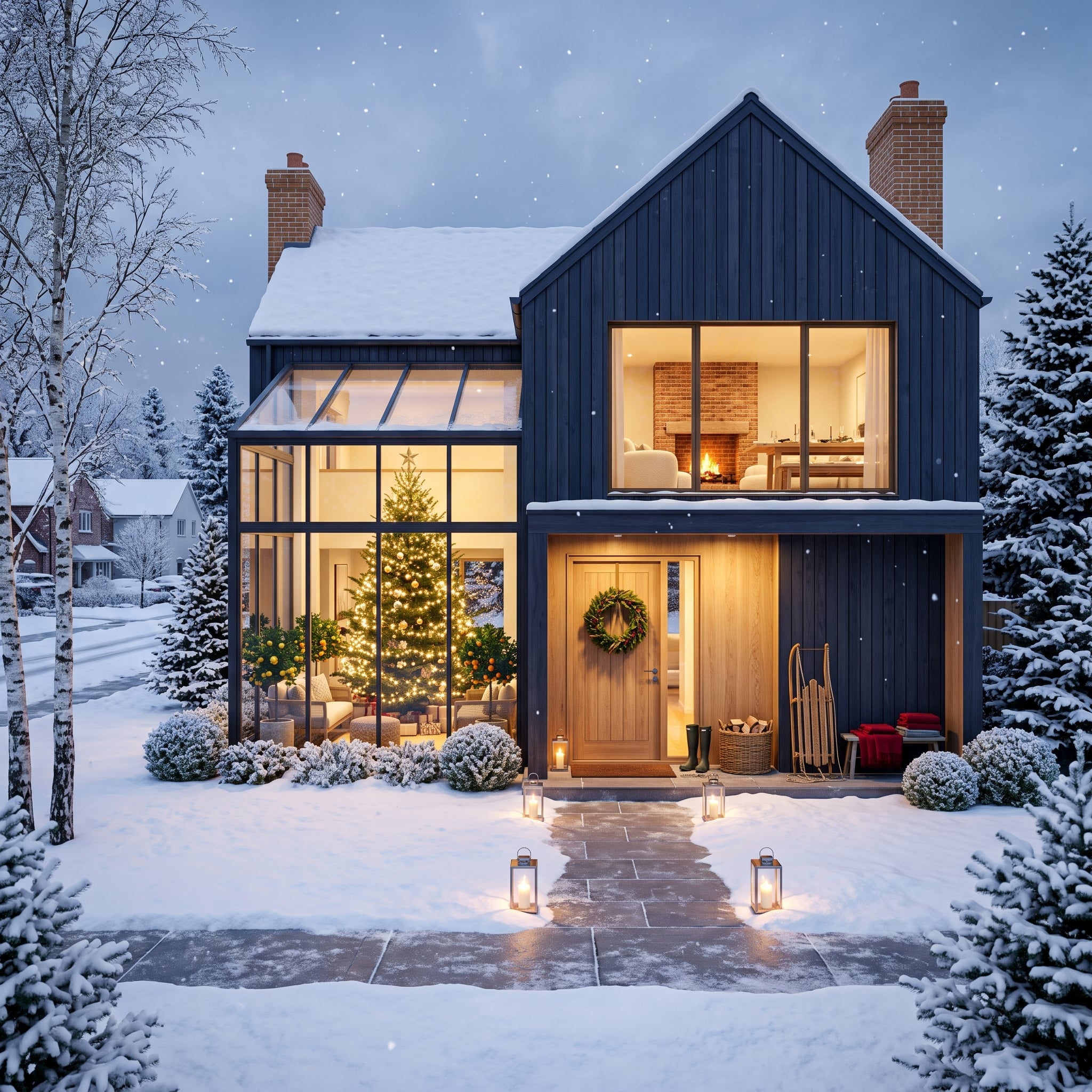 Navy Board-and-Batten, Candlelit Lanterns, and a Christmas Tree You Can See From the Street
