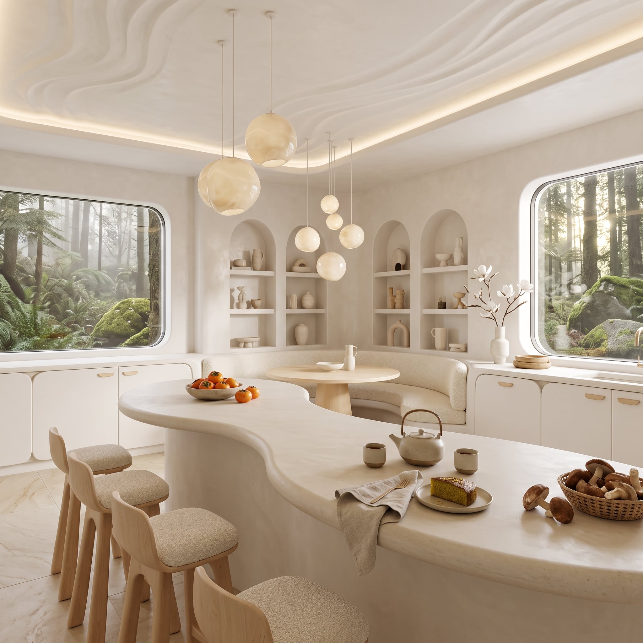 Organic Island Curves, Alabaster Pendants, and Arched Niches Prove Geometry Does Warmth