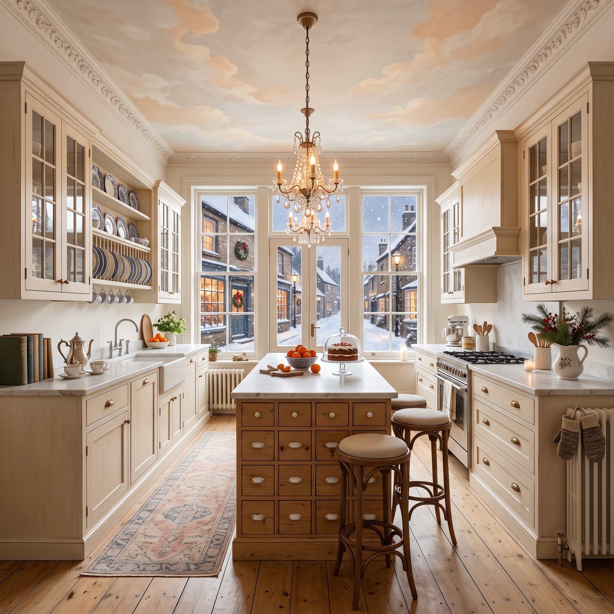 Painted Ceiling, Snowing Village, Apothecary Island: One Kitchen's Case for Layered Warmth