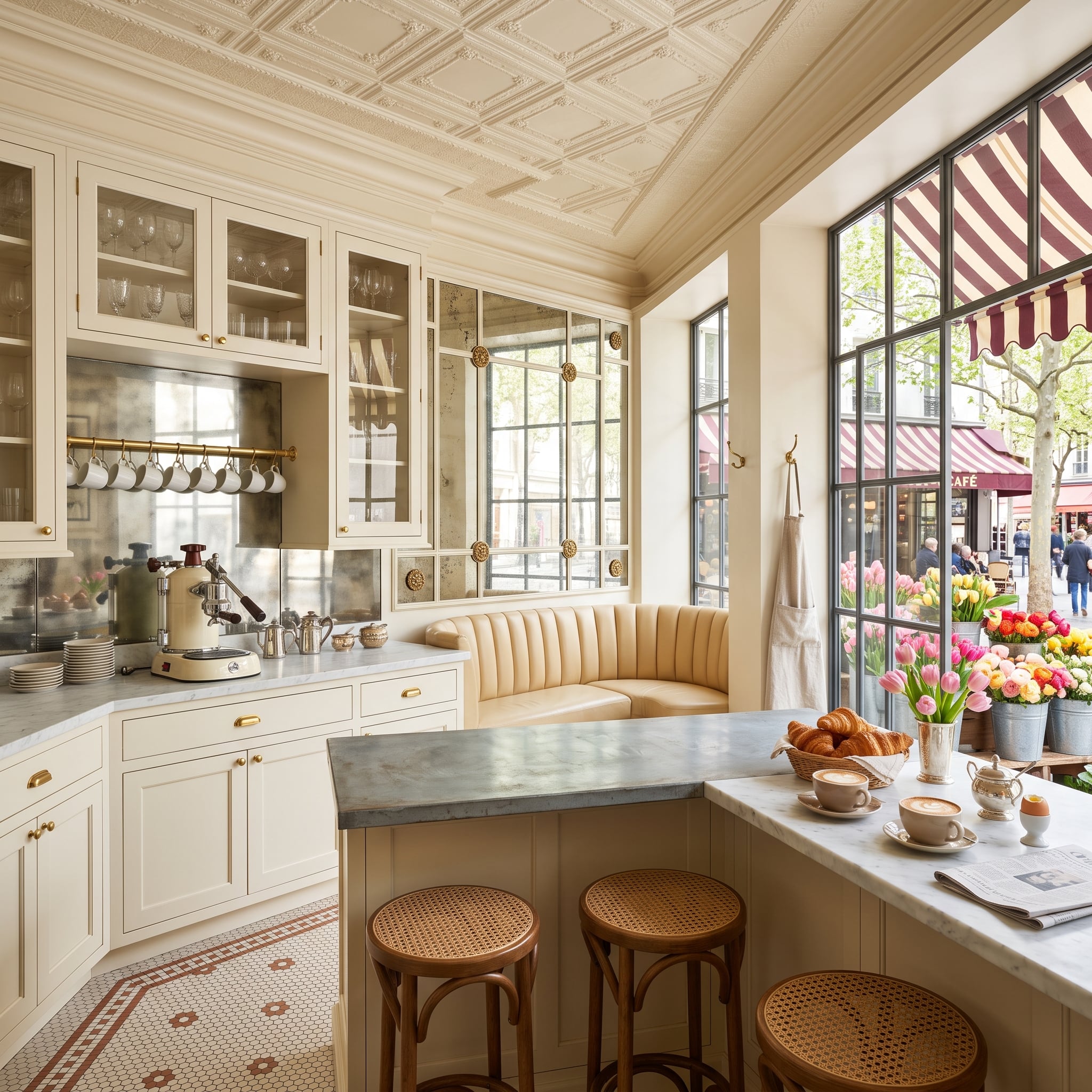 Parisian Café Logic: What Mirrored Backsplashes and Zinc Counters Do for White Cabinets