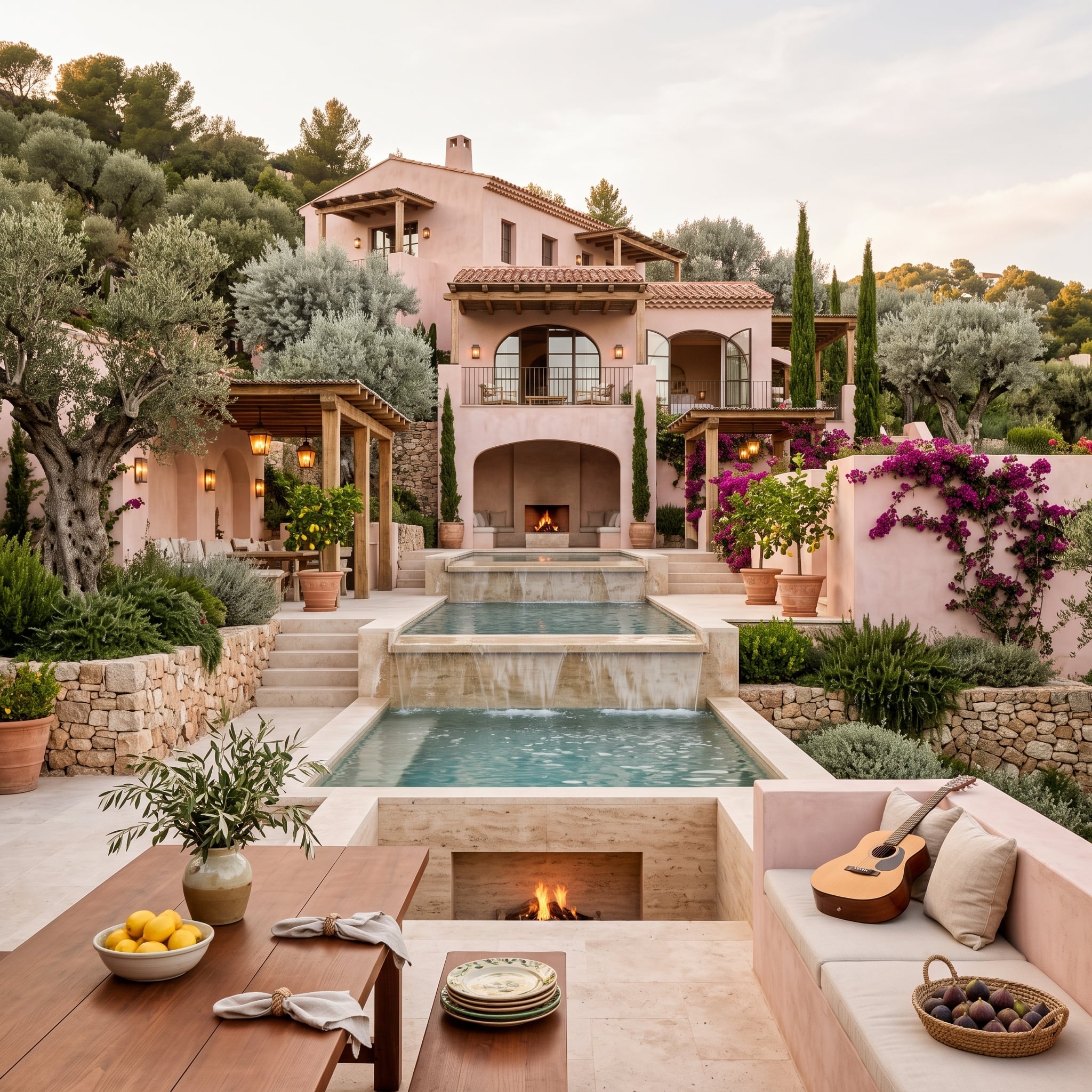 Pink Stucco, Tiered Water, and a Fire Pit Sunk Into the Terrace Floor