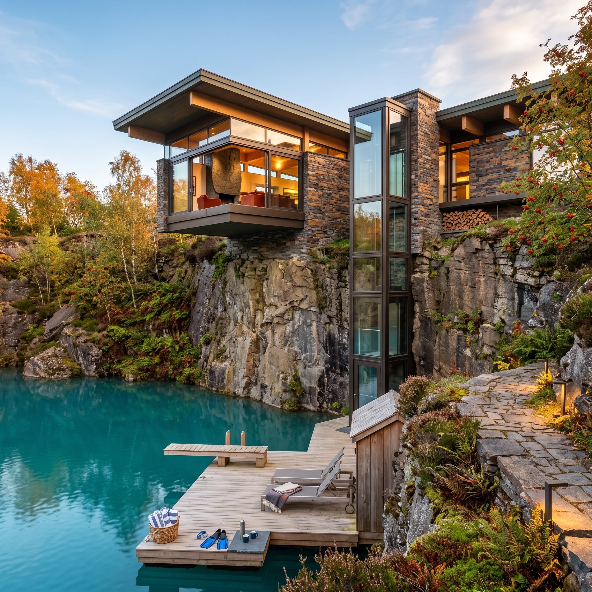 Quarry Water, Stacked Slate, and a Glass Elevator That Nearly Disappears