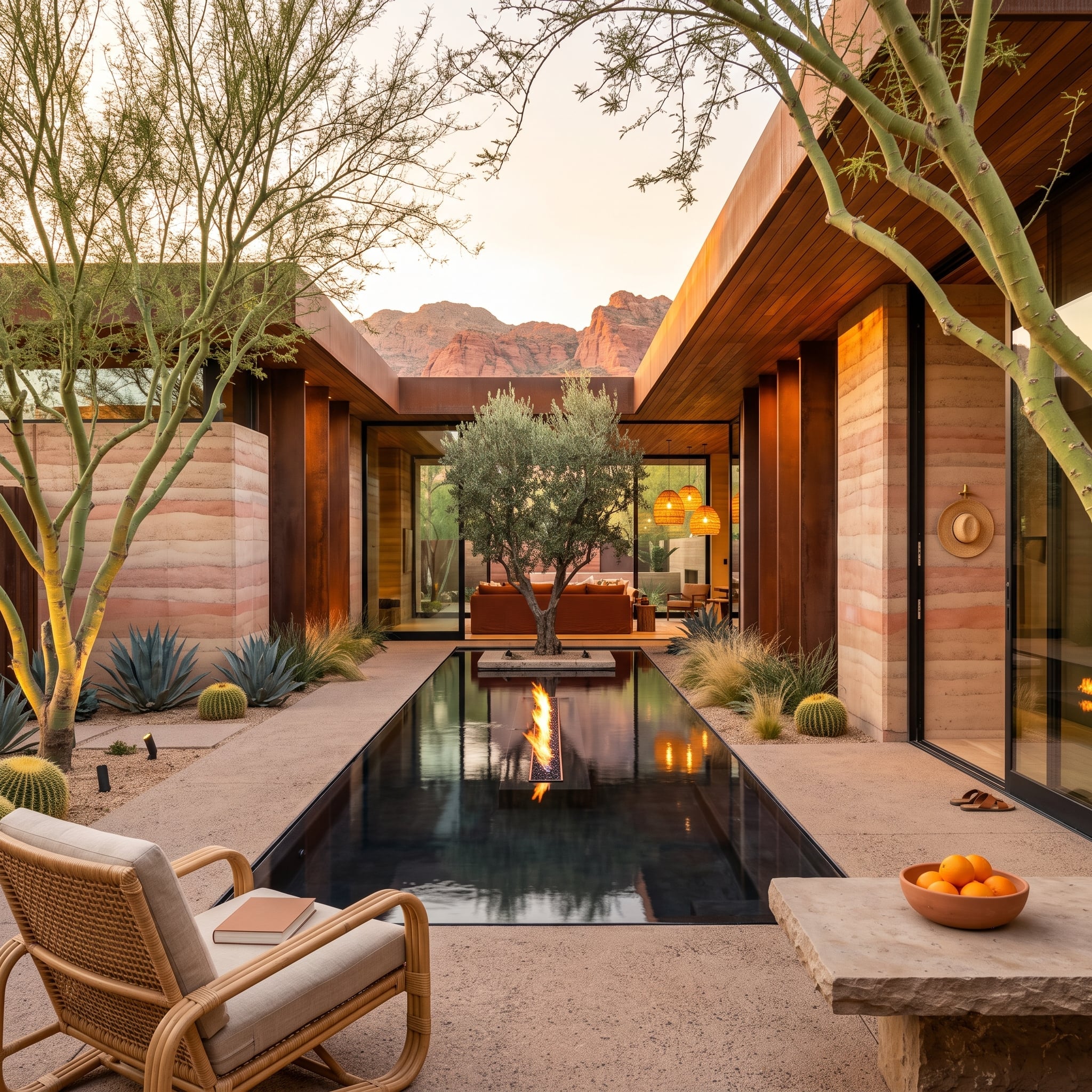 Rammed Earth, Olive Tree Courtyard, and a Fire Channel That Reads as Architecture