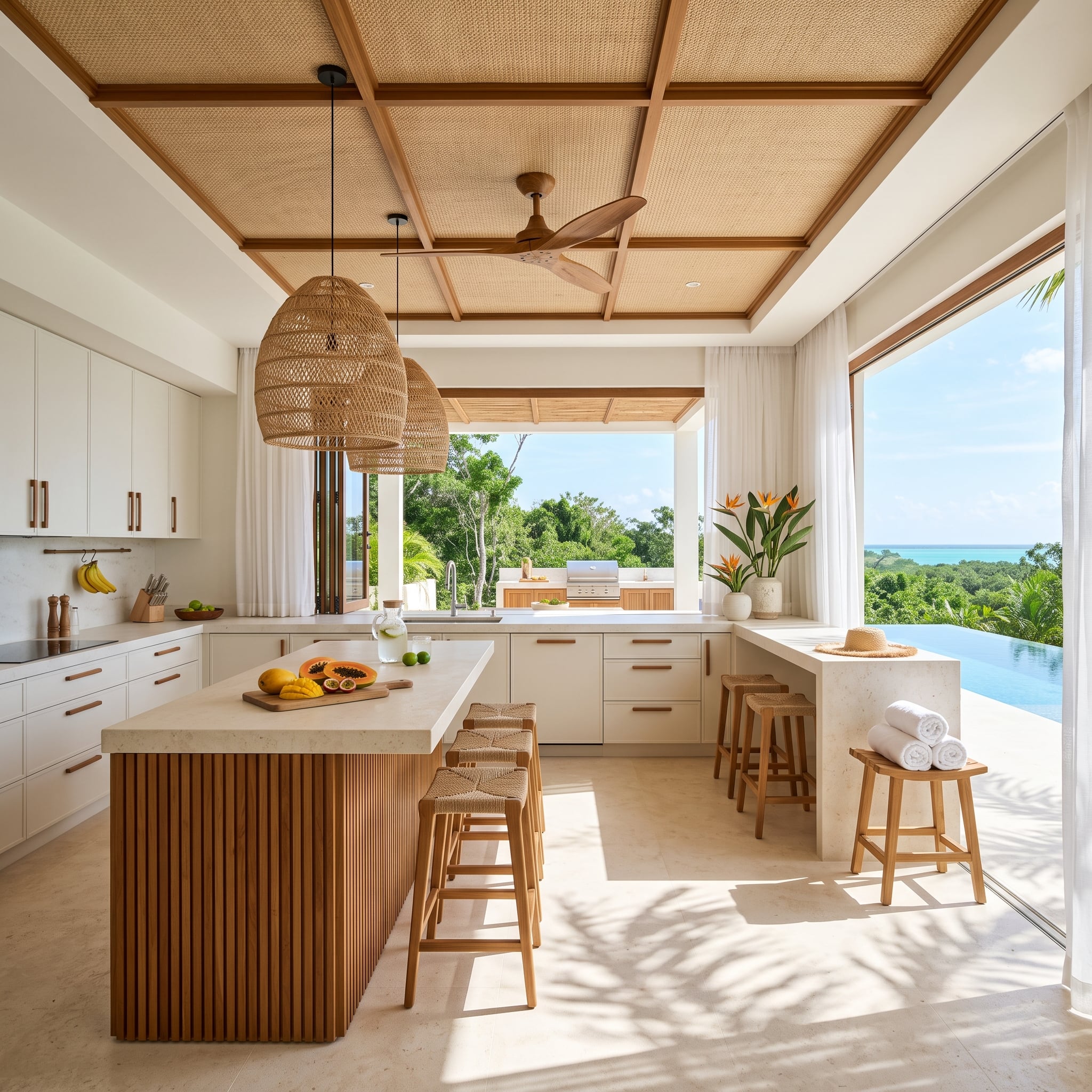 Rattan Ceiling Panels and an Ocean View Explain Everything About Warm White Kitchens