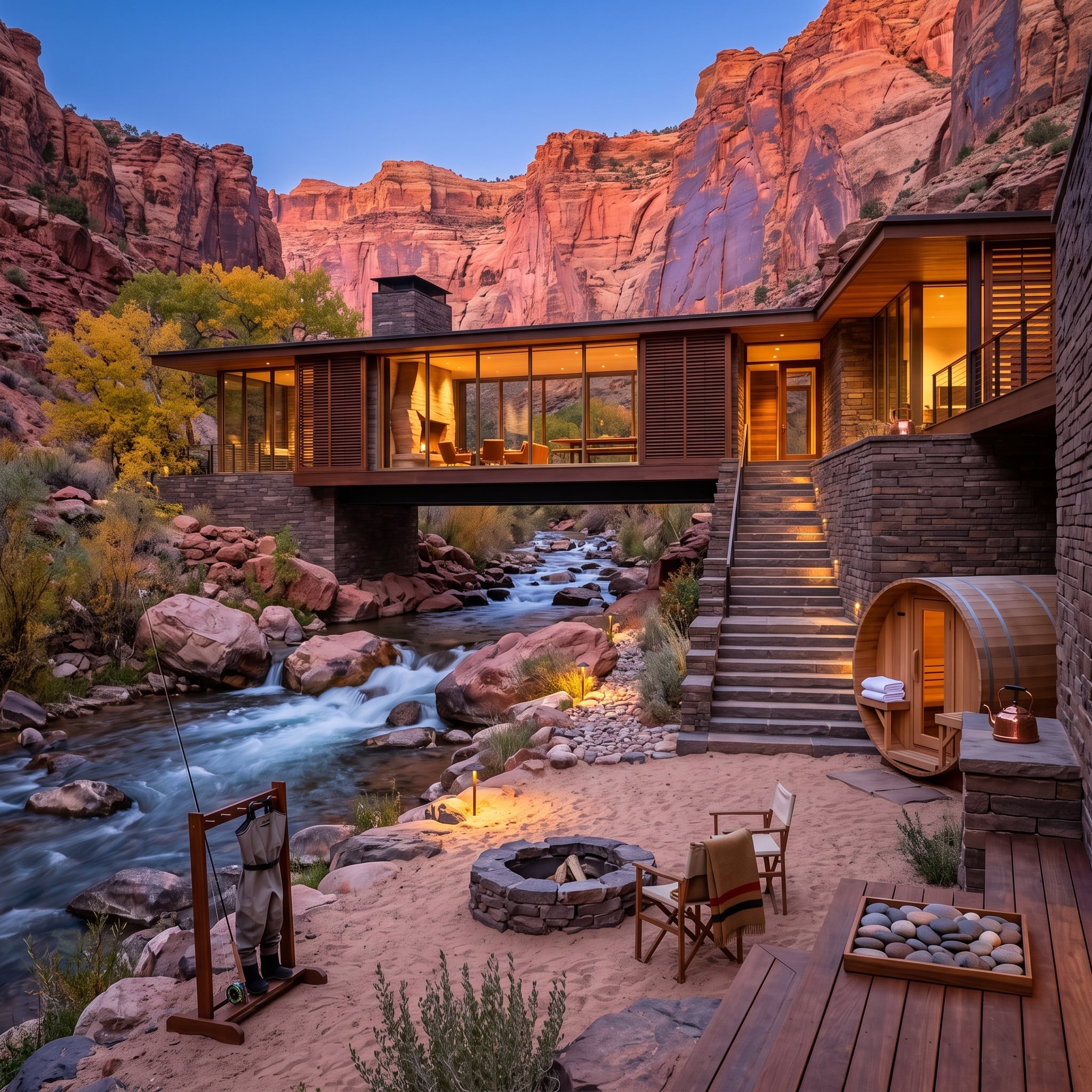 Red Rock Canyon, a Creek Under the House, and a Barrel Sauna Tucked Against the Stone