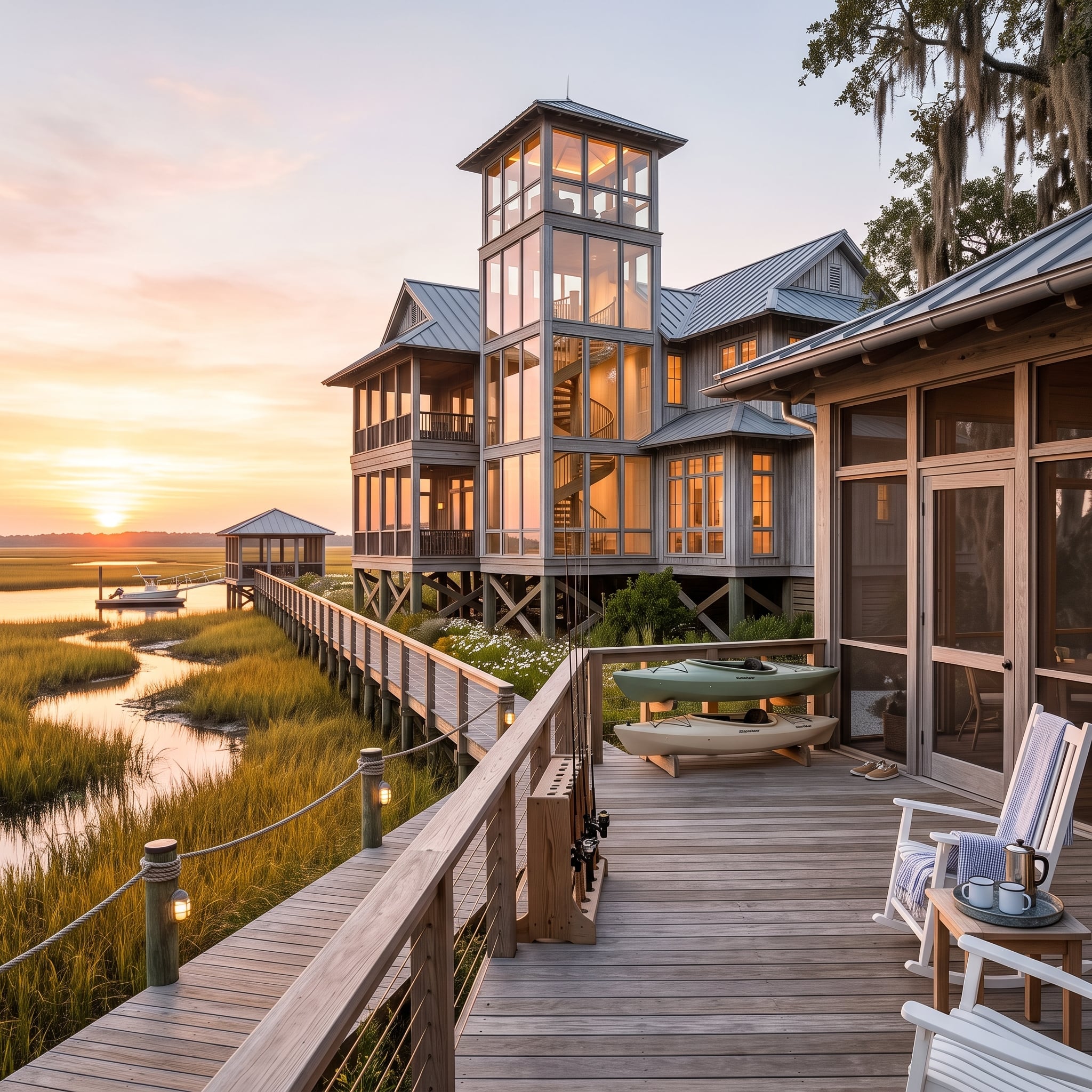 Salt Marsh at Sunset, Kayaks on Deck, and a Glass Tower That Pulls the Eye Upward