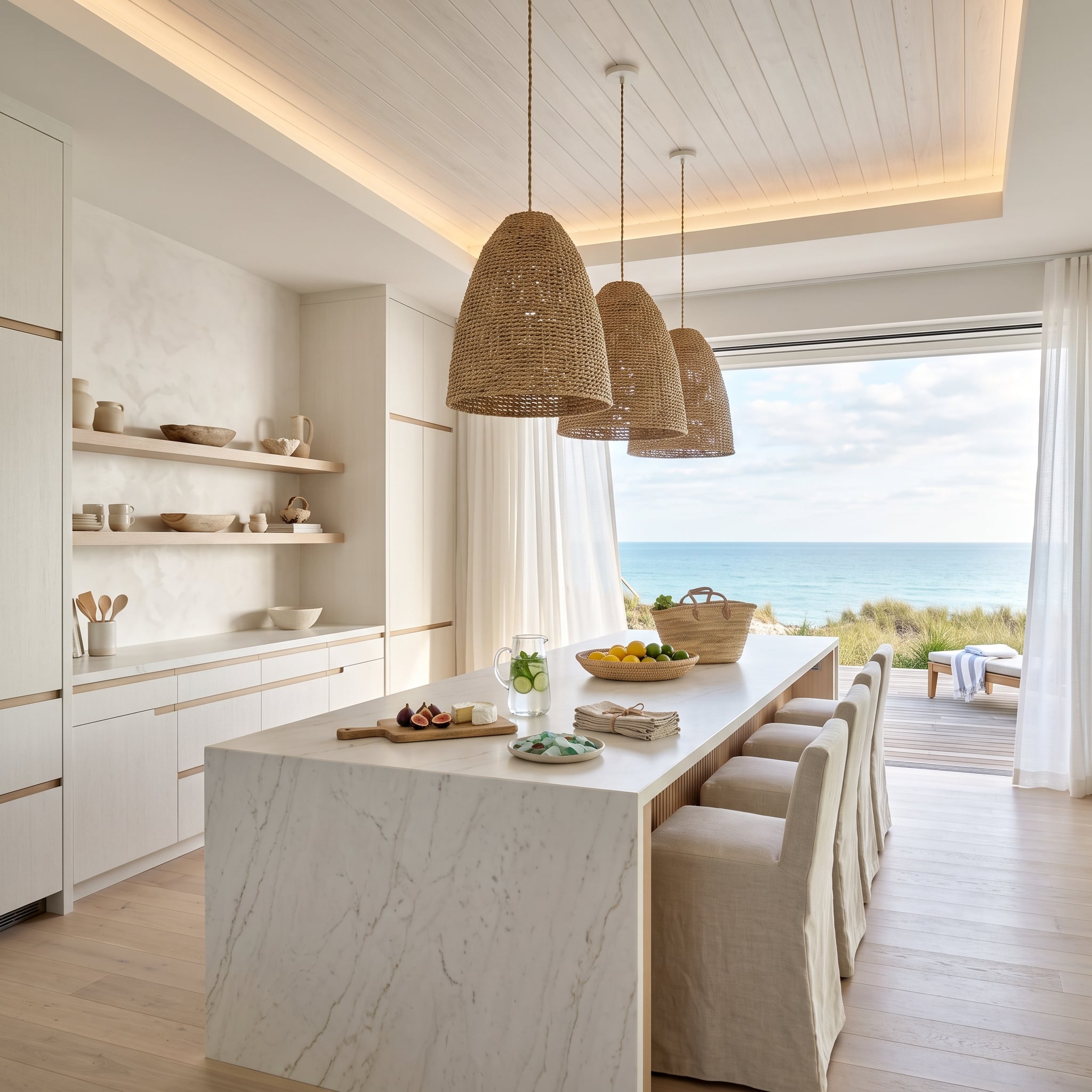 Seagrass Pendants, a Marble Waterfall Island, and an Ocean Horizon Explain the Rest