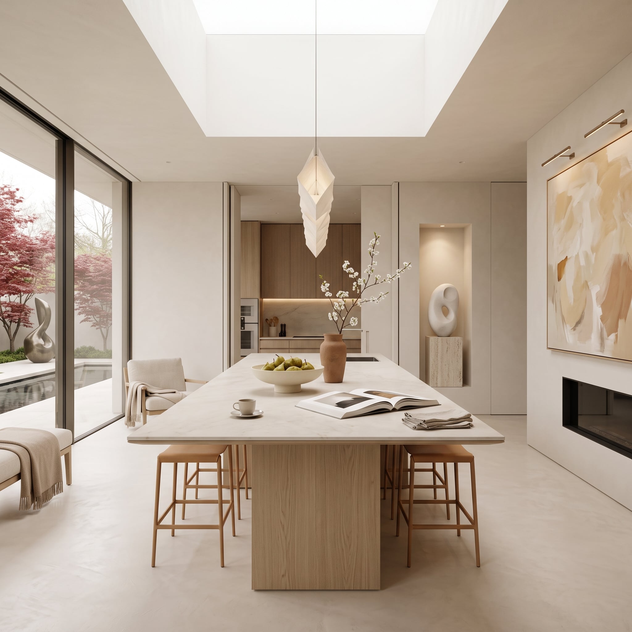 Skylight, Japanese Maple, and a Sculptural Pendant Bring Color to a Pale Kitchen
