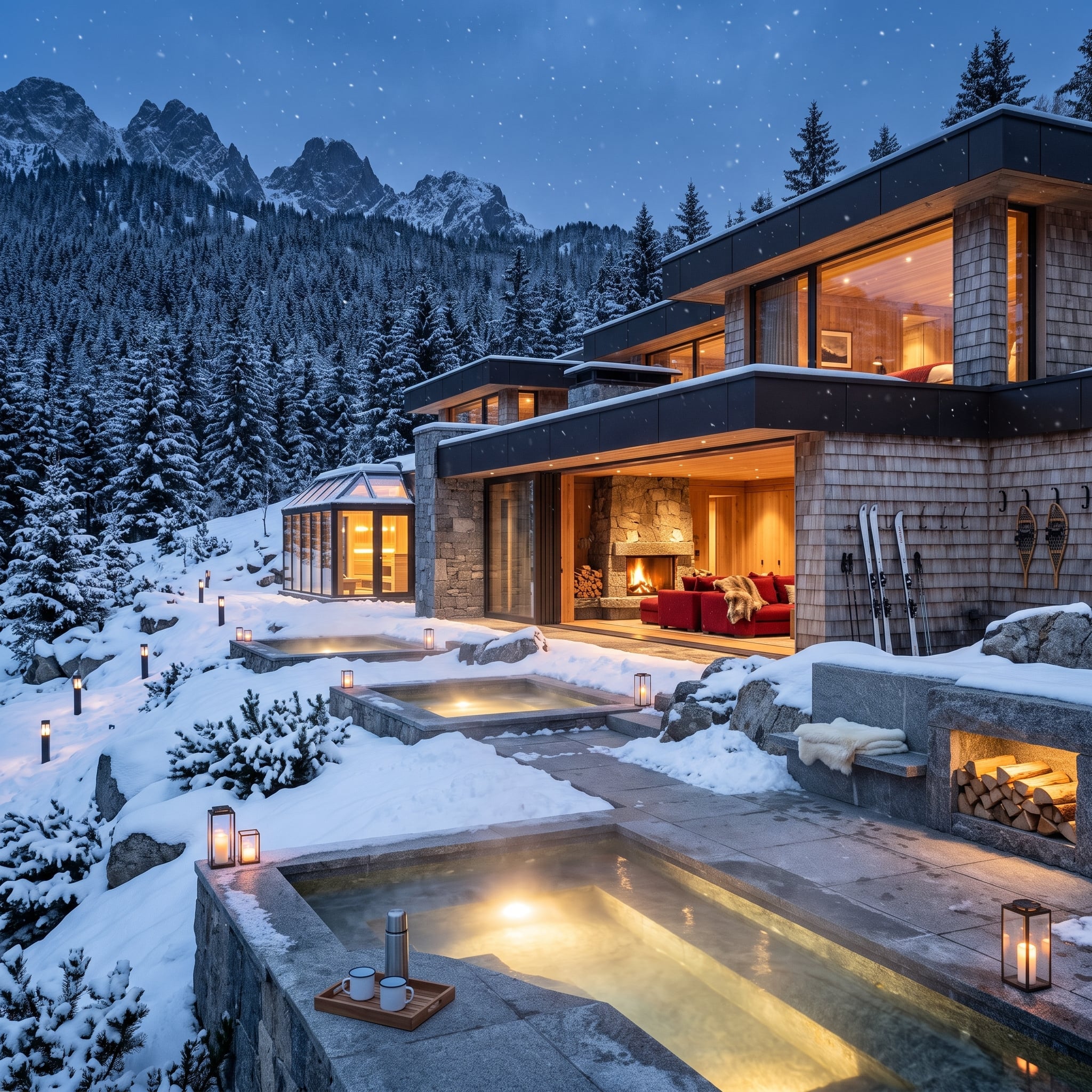 Snow-Covered Slope, Cedar Shingles, and Two Hot Pools That Work in Sequence