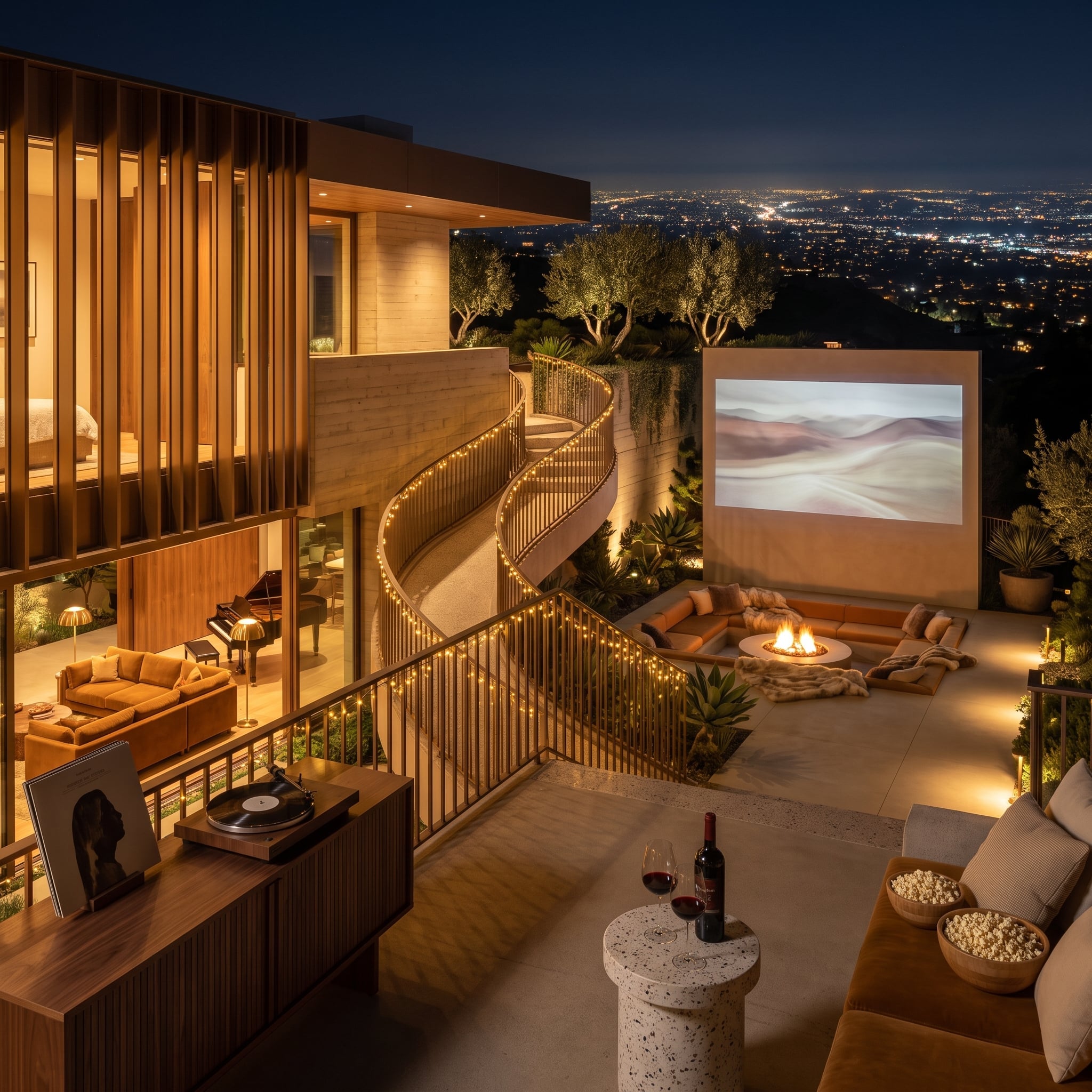 Spiral Stairs, an Outdoor Screen, and City Lights That Stretch to the Horizon