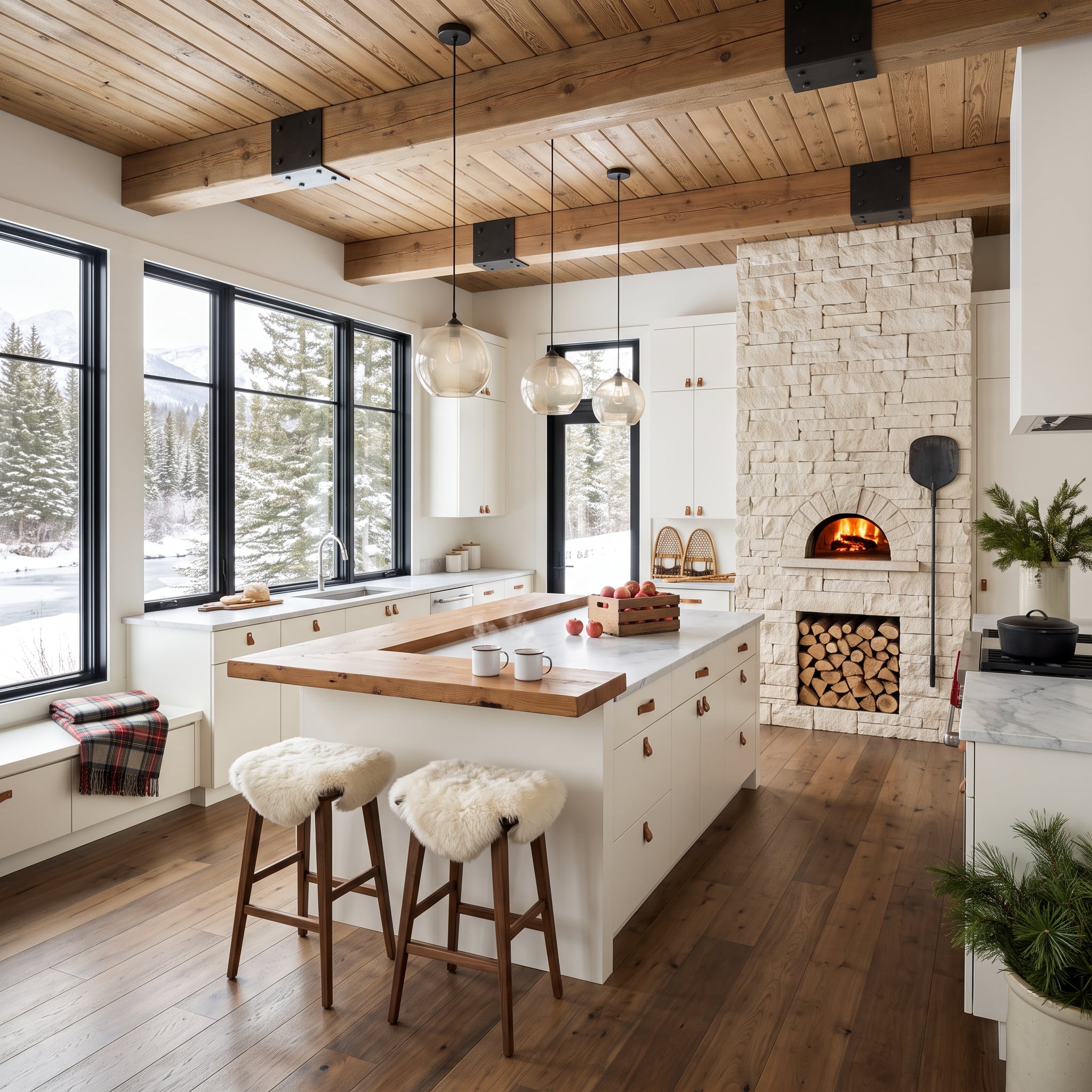 Stone Pizza Oven, Sheepskin Stools, and a Snowscape Explain Alpine Kitchen Warmth