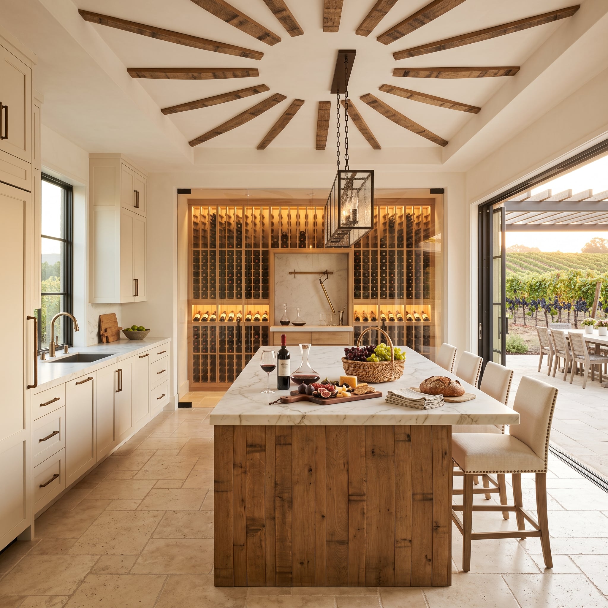 Sunburst Beams, a Lit Wine Wall, and Travertine Floor Explain Warmth at Every Layer