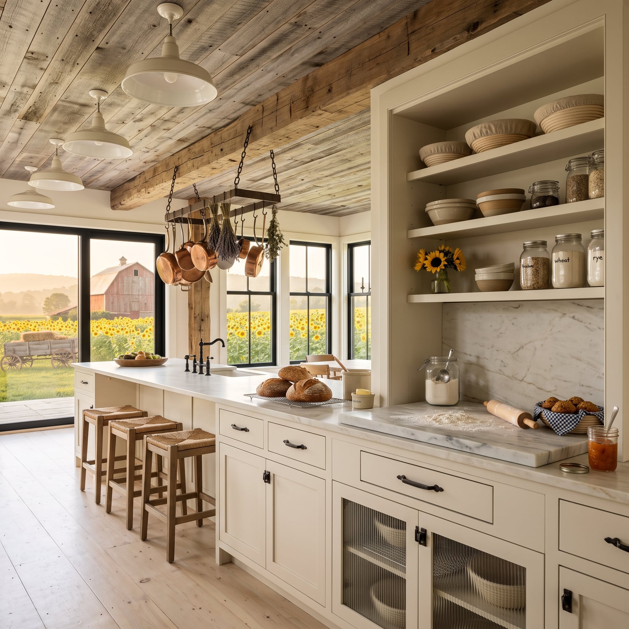 Sunflower Fields, Copper Pots, and Reclaimed Ceiling Boards Walk Into a White Kitchen