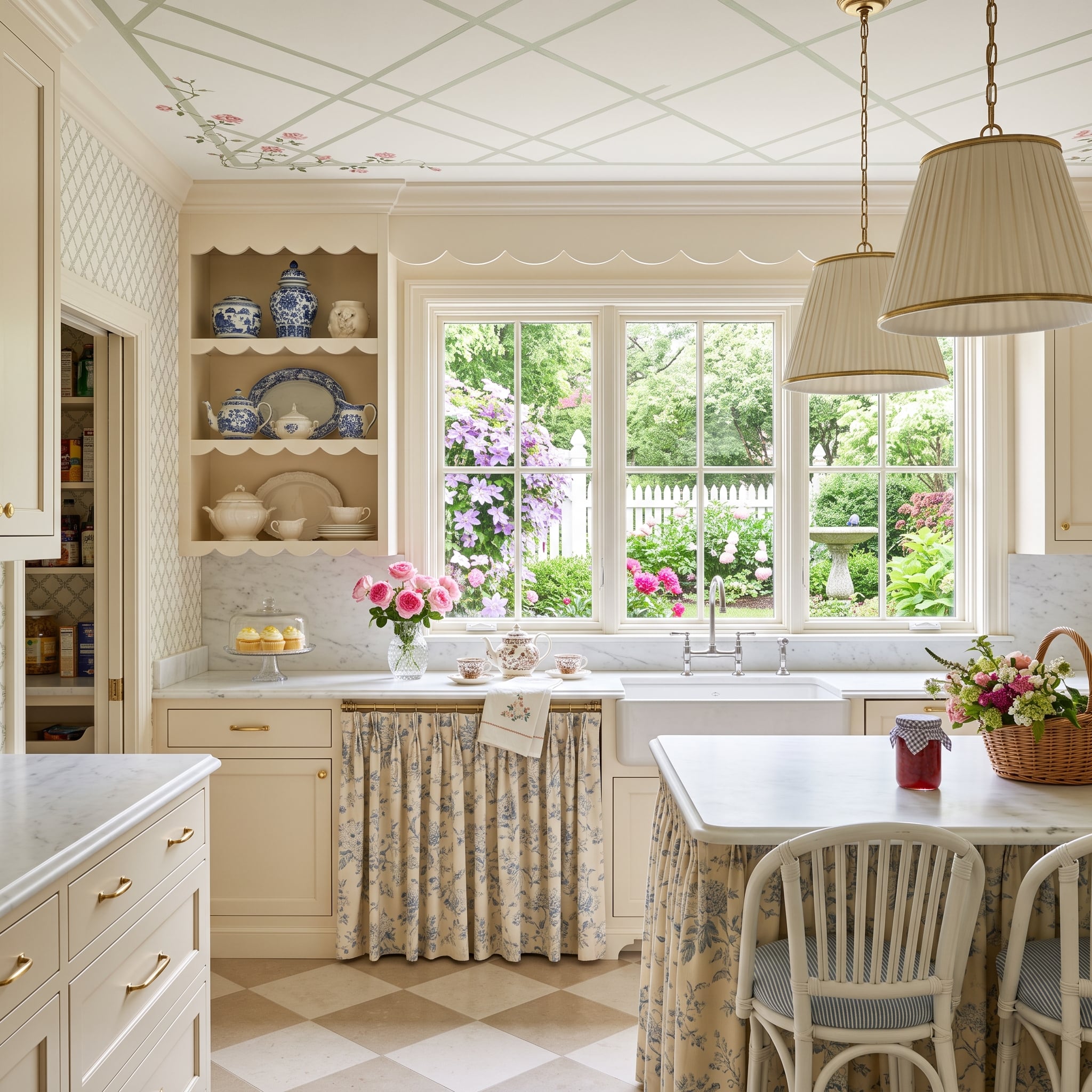 Toile Curtains Under the Sink and Trellis on the Ceiling: Softness as Strategy