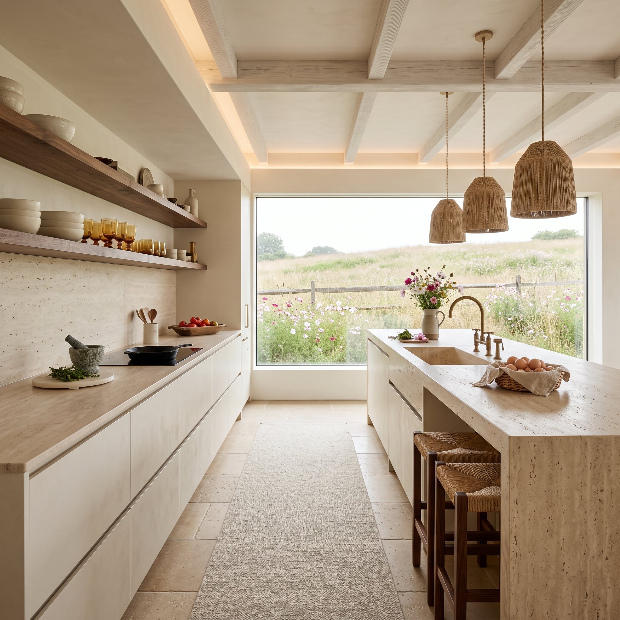 Travertine Counters, Roped Pendants, and a Meadow View Explain This Kitchen's Quiet Confidence