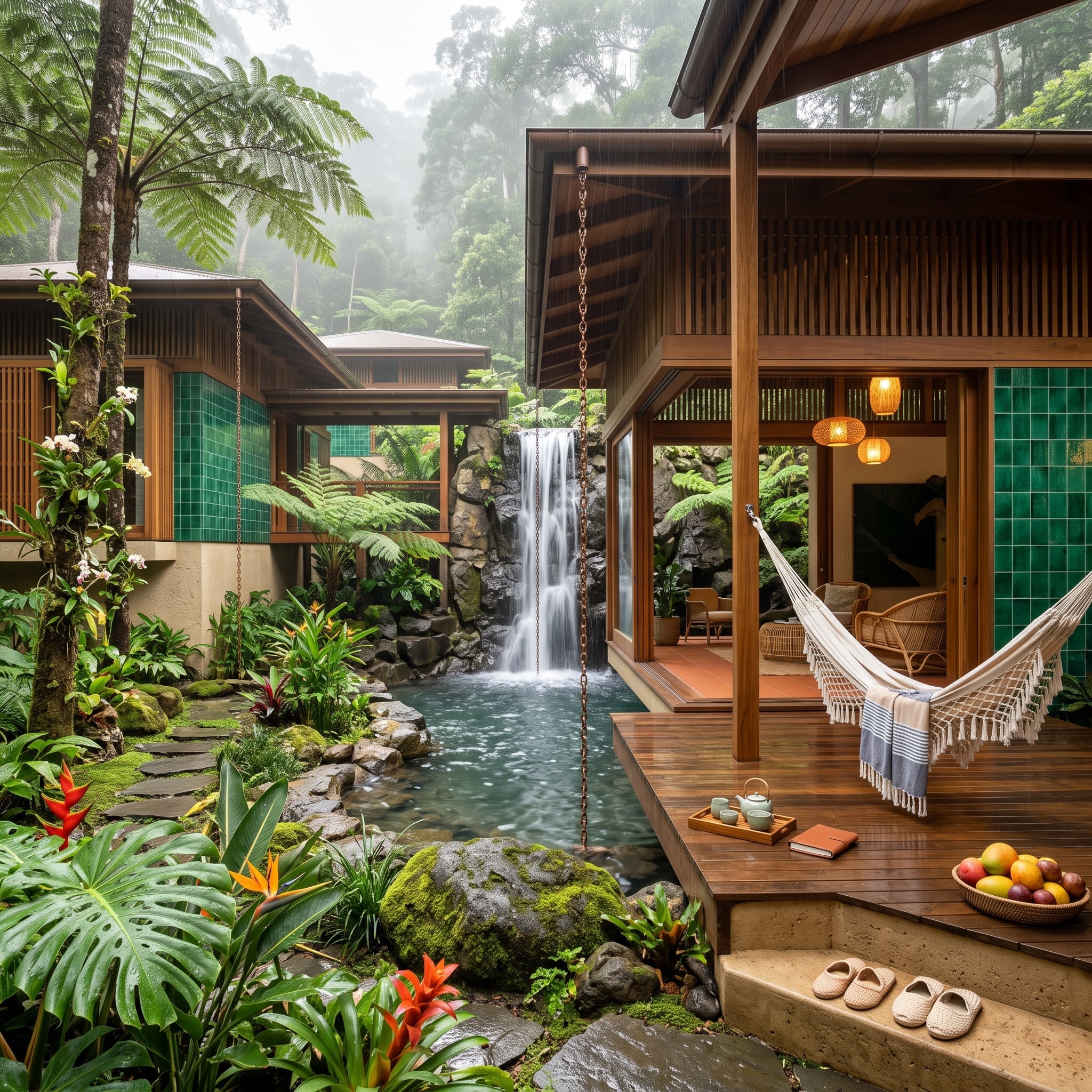 Waterfall, Hammock, and Teak Decking Inside a Cloud Forest That Stays Quiet