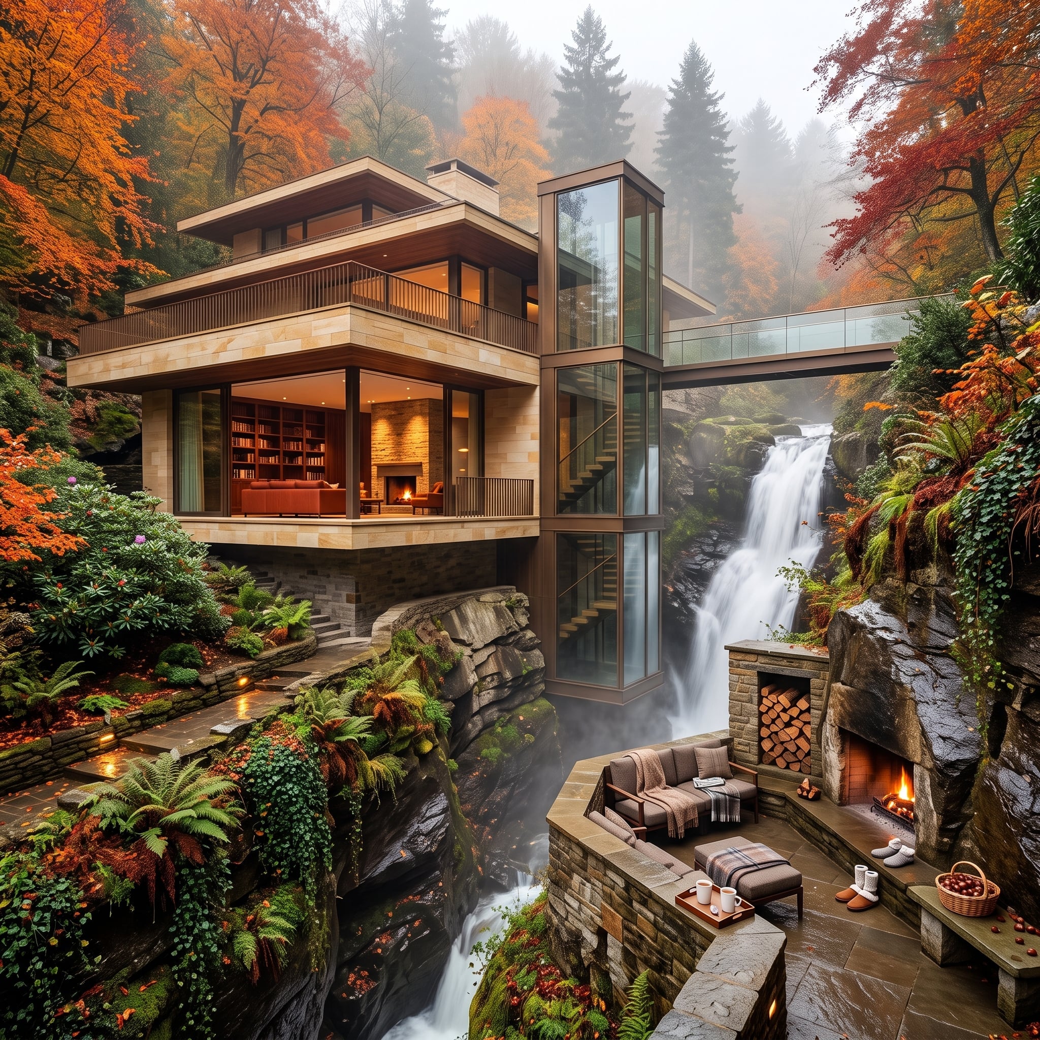 Waterfall, Stone Patio, Glass Tower — and Somehow None of It Feels Like Too Much