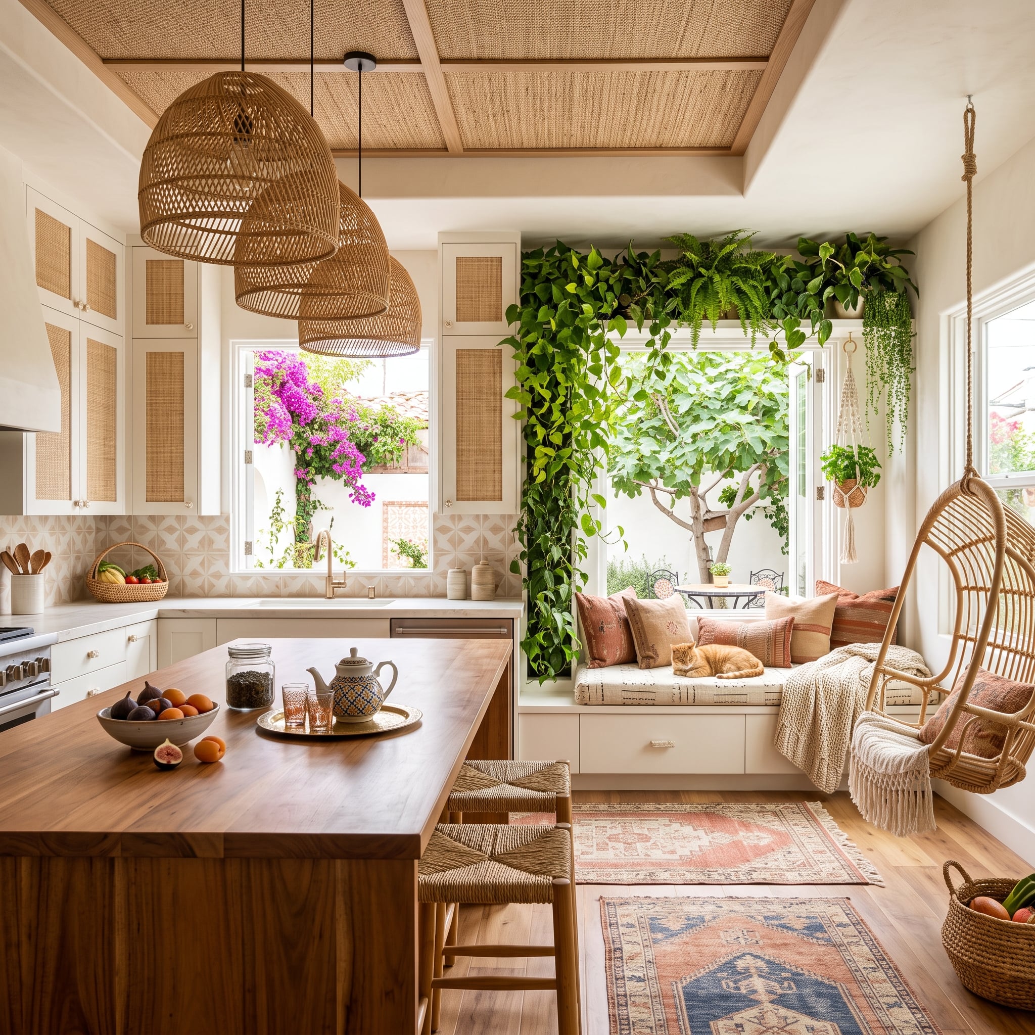 Wicker Pendants, a Cat Napping in the Window Seat, and Vines That Earned Their Place