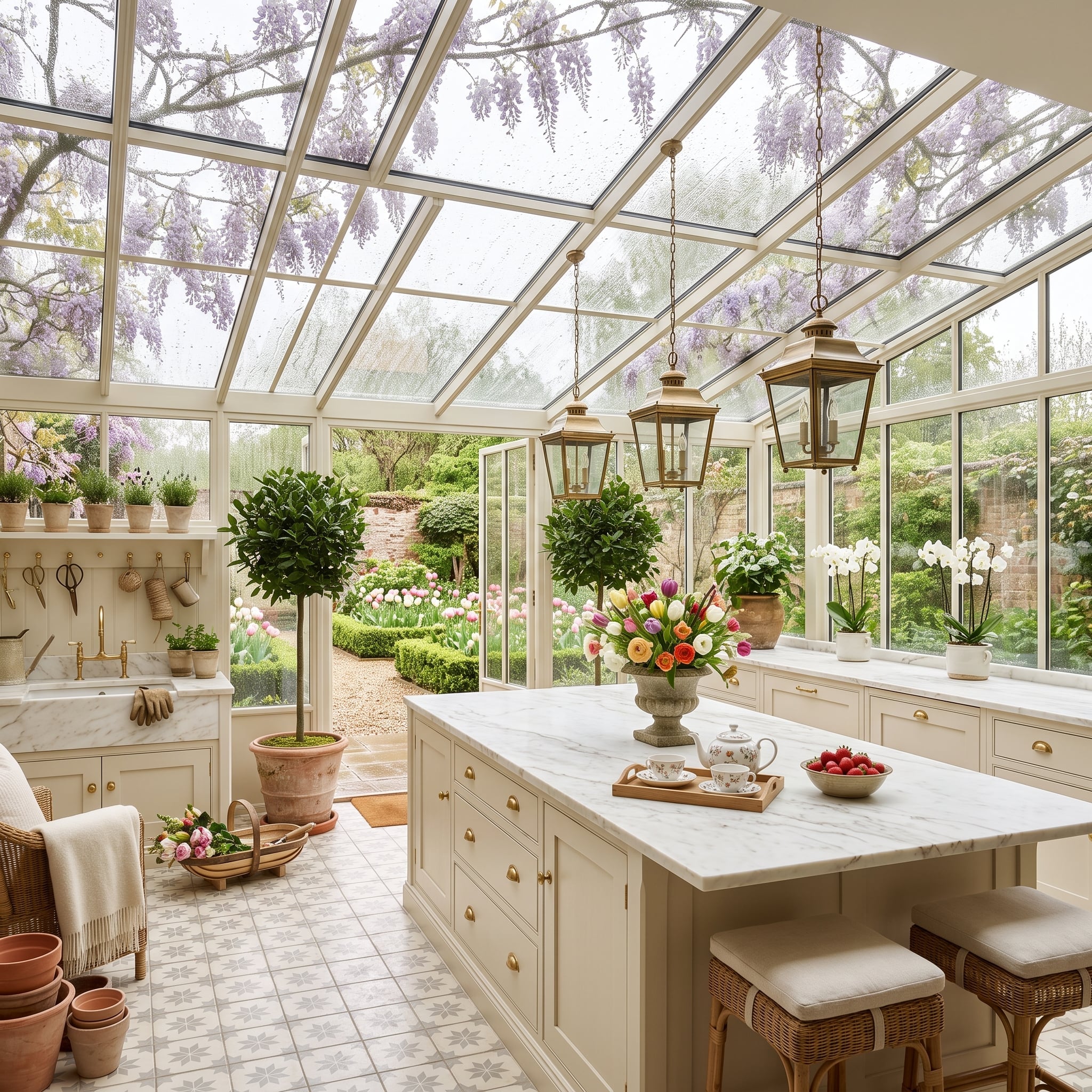 Wisteria Overhead, Marble Below: How Glass Roofs Rewrite the Rules for White Kitchens