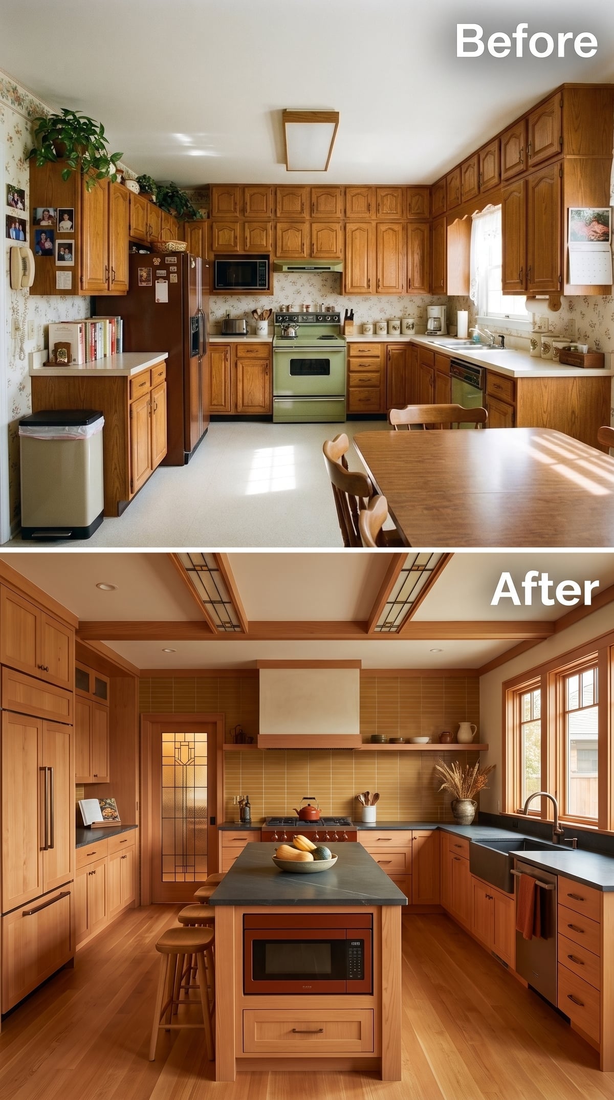 Cherry Cabinetry and Craftsman Beams Let the Grain Do the Decorating