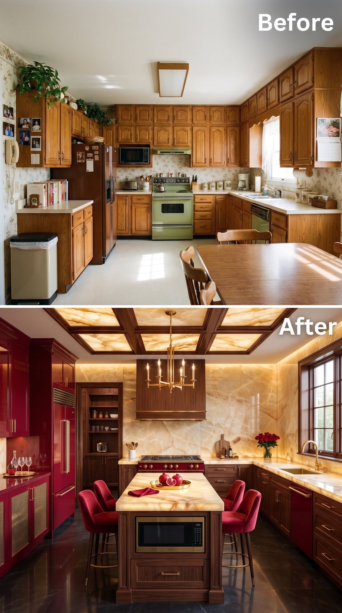 Crimson, Walnut, and Backlit Stone Put the Drama Somewhere Other Than the Cabinets