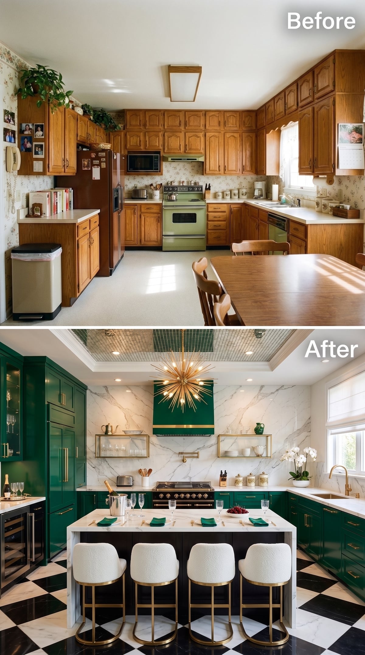 Emerald Cabinets and White Marble Turn Saturation Into Structure