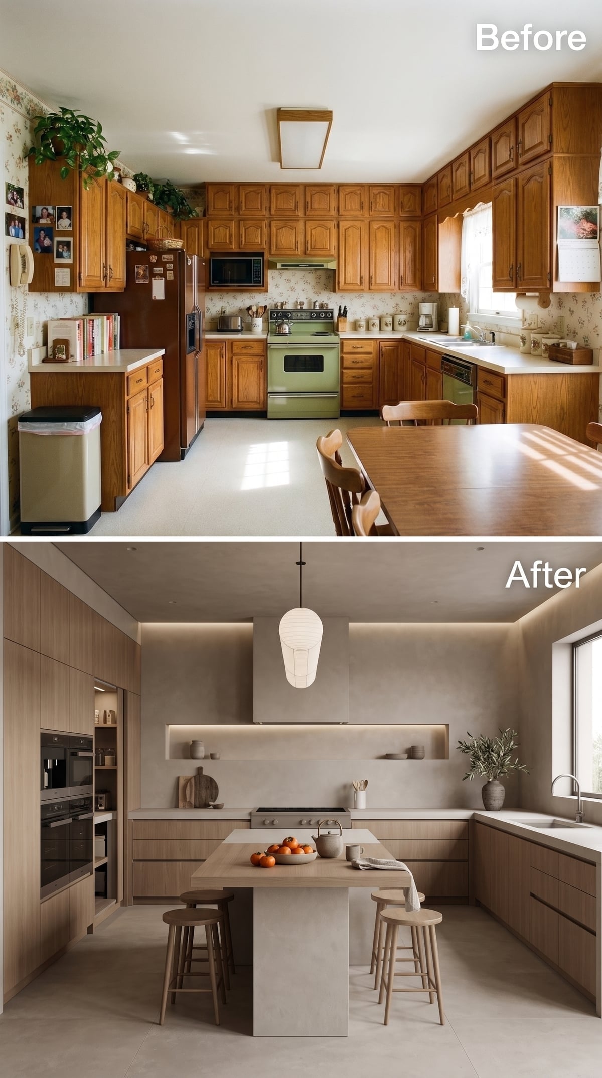 Flat-Front Oak and Micro-Cement Make the Old Cabinet Wall Disappear