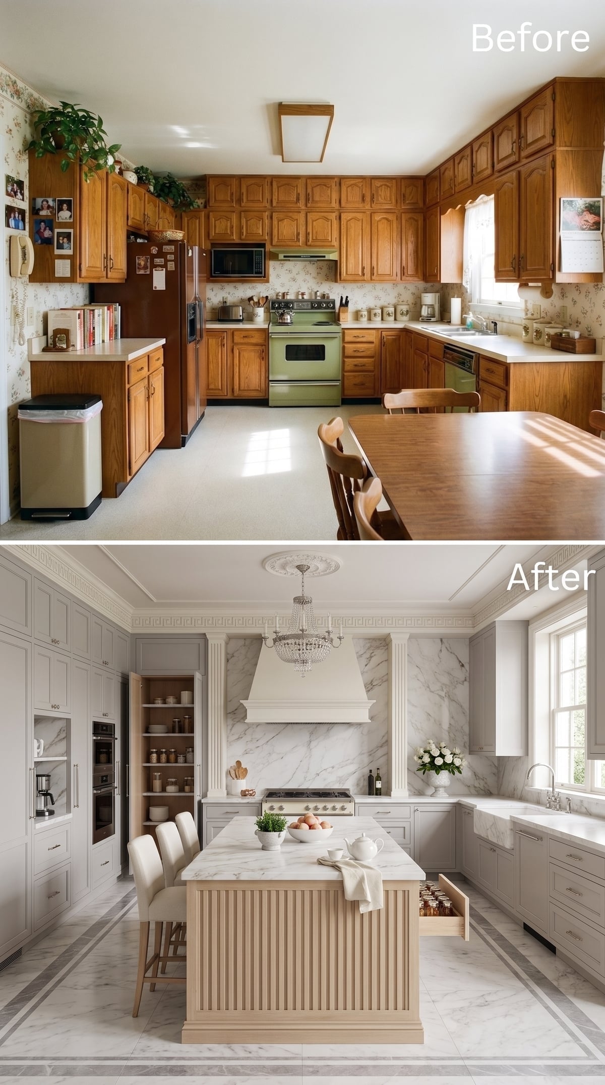 Gray Cabinetry, Marble, and Fluted Oak Show How Little the Walls Need