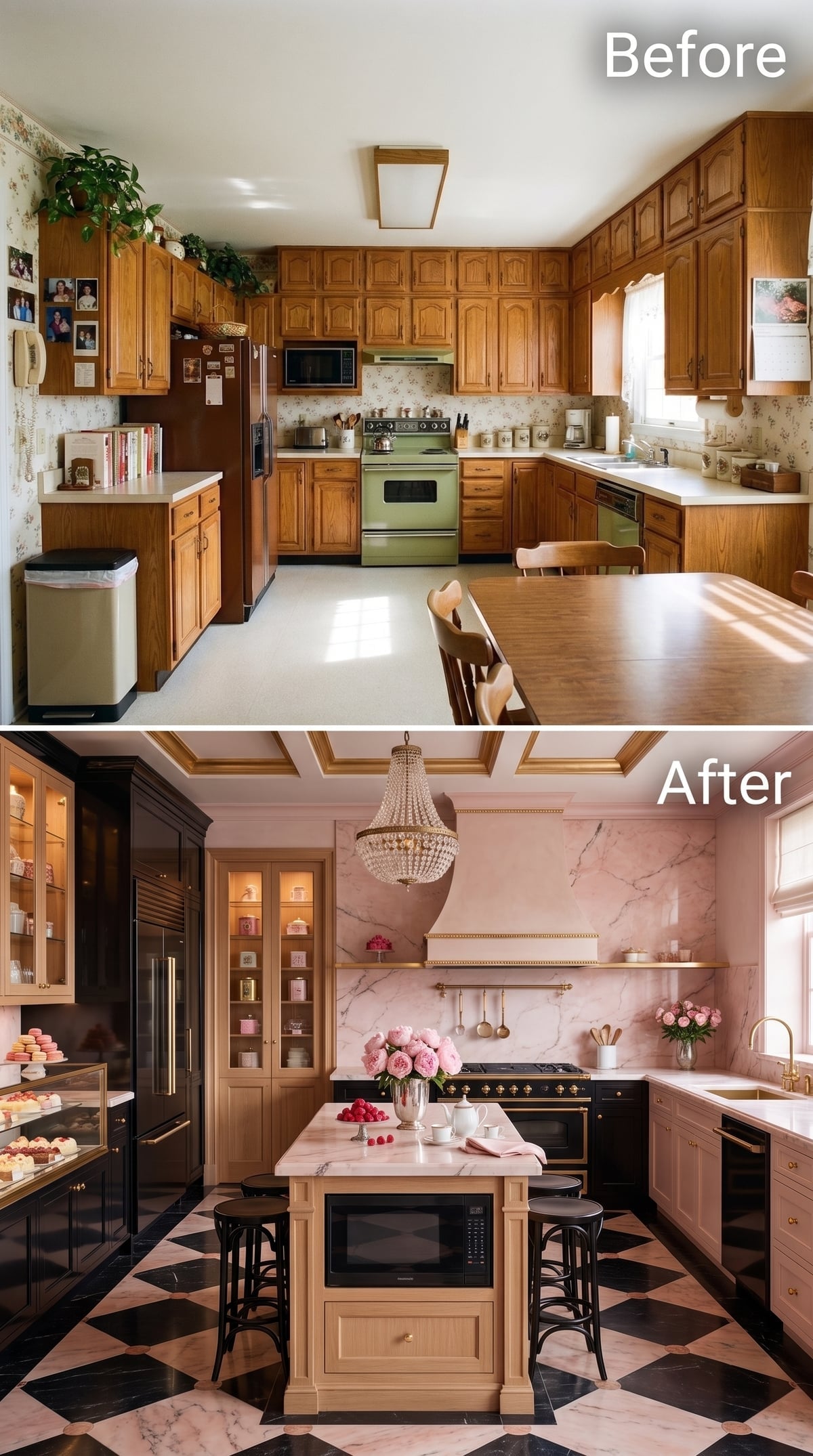 Blush Marble, Black Checks, and Brass Make the Empty Wall Space Count