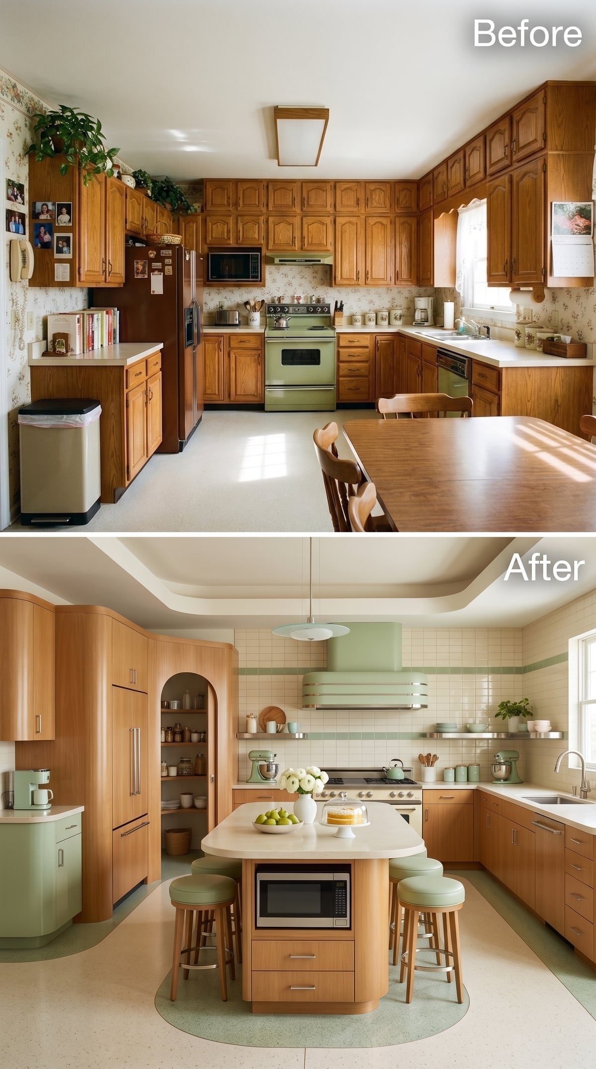 Rounded Oak, Sage Accents, and an Arched Pantry Soften the Whole Equation
