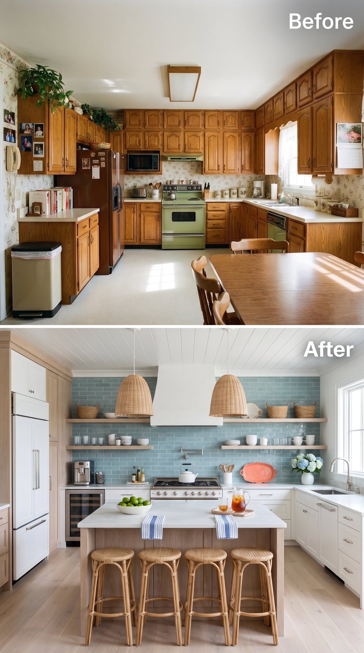 Sage Tile and Rattan Pendants Replace a Cabinet Wall With Something Lighter