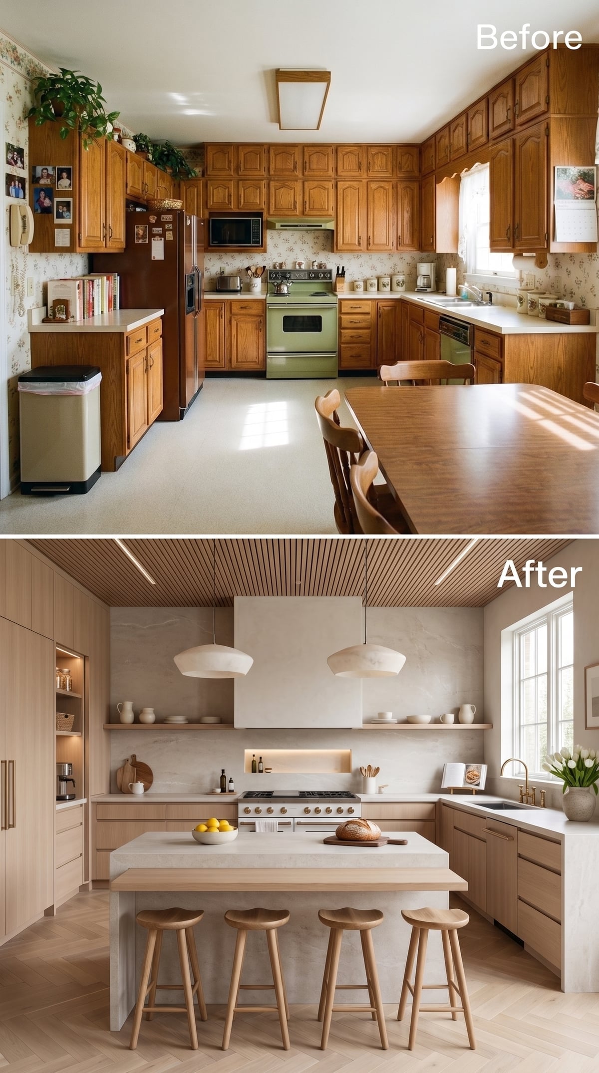 A Slatted Ceiling and Open Shelves Make Warm Wood Feel Lighter