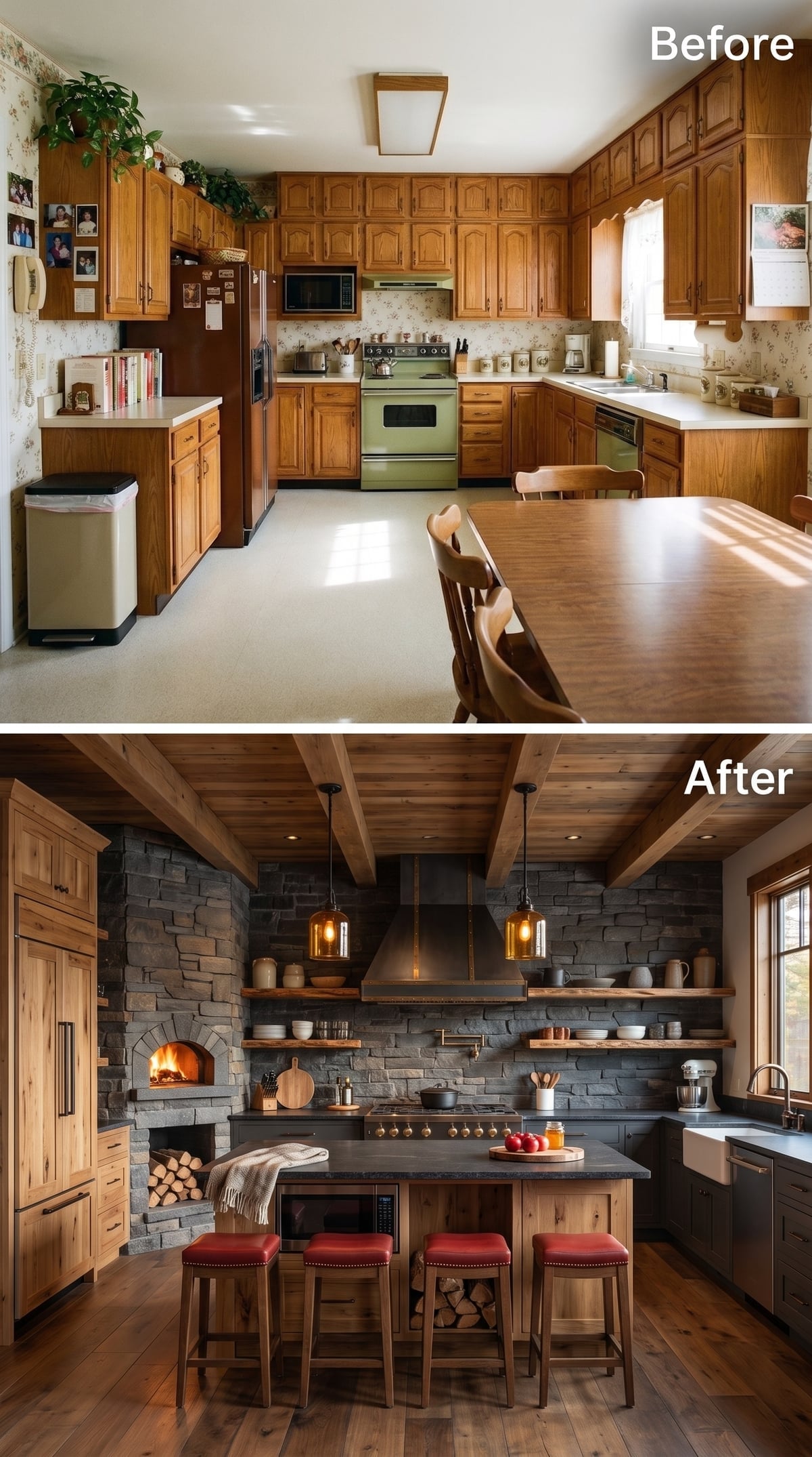 Stone Walls and Rough Beams Replace Cabinetry With Texture