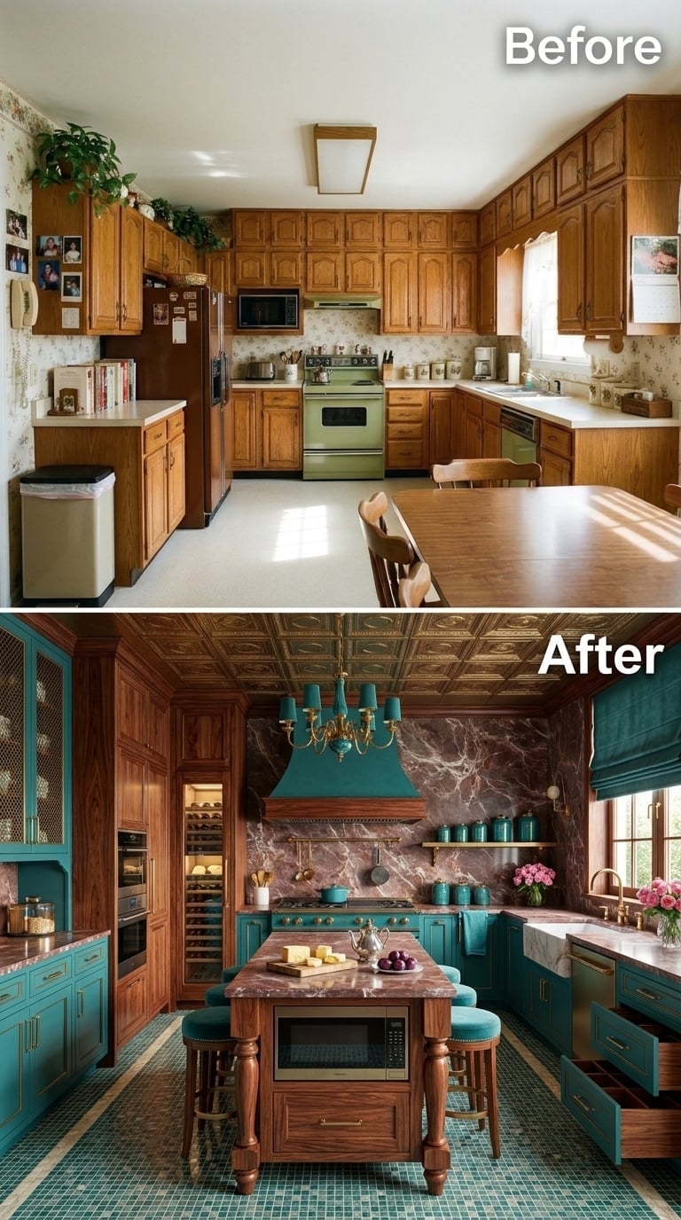 Teal, Rose Marble, and a Pressed-Metal Ceiling Give the Cabinets Competition