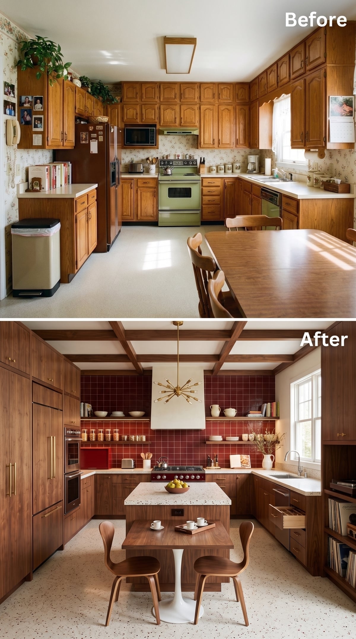 Walnut and Crimson Tile Show Exactly What Open Shelving Can Solve