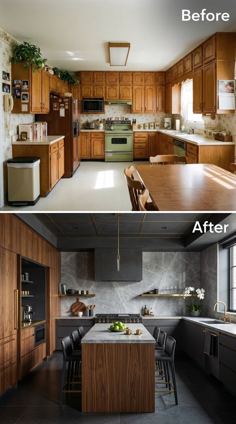 Walnut Panels and Gray Marble Make Space by Refusing to Fill It