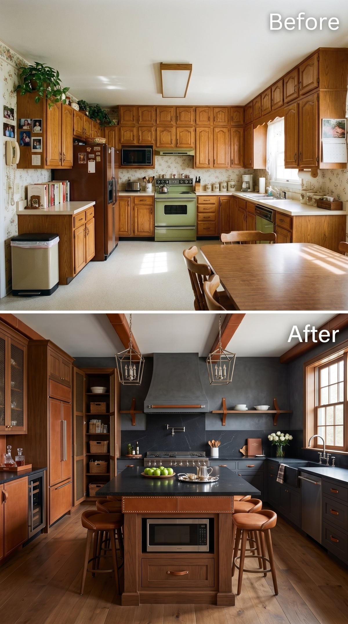 Slate, Warm Oak, and Leather Pulls Bring Furniture Details Into the Kitchen
