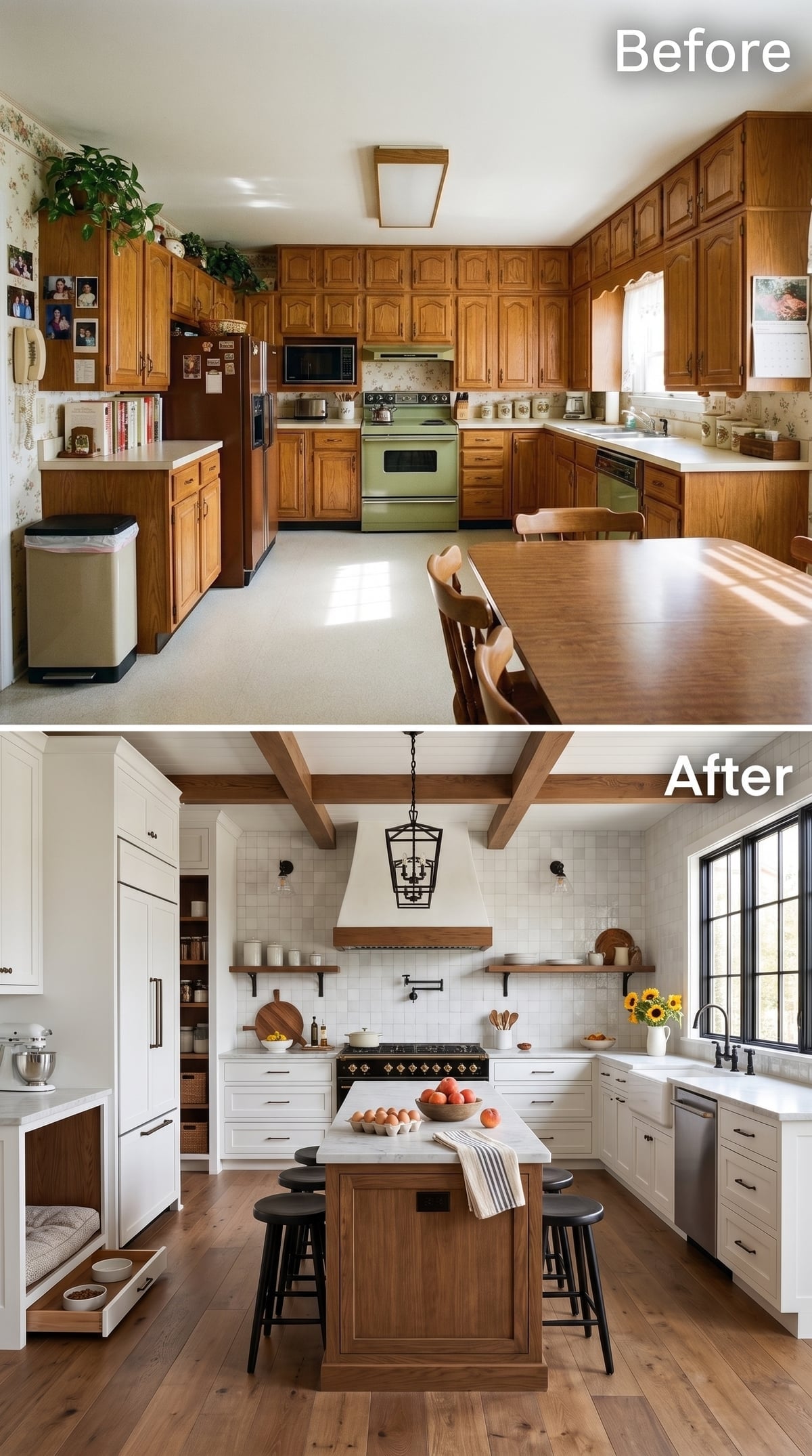 White Cabinetry and Exposed Beams Give the Walls Somewhere to Breathe