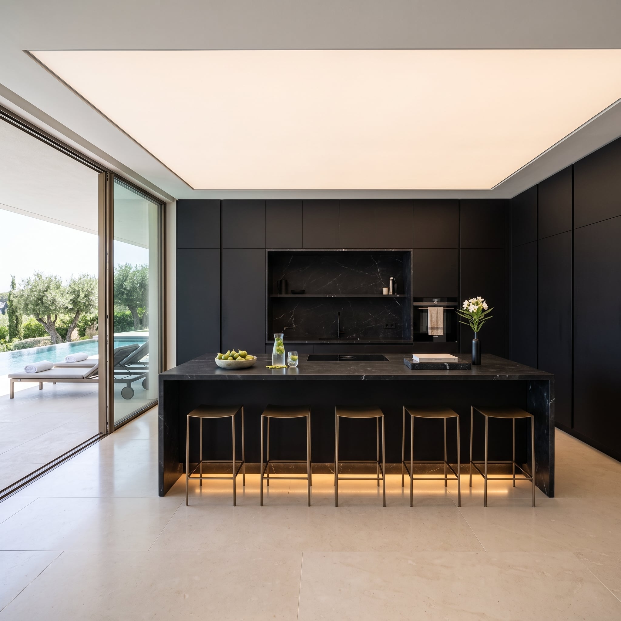 Black marble kitchen with illuminated island, pale limestone flooring, and full-height glazing