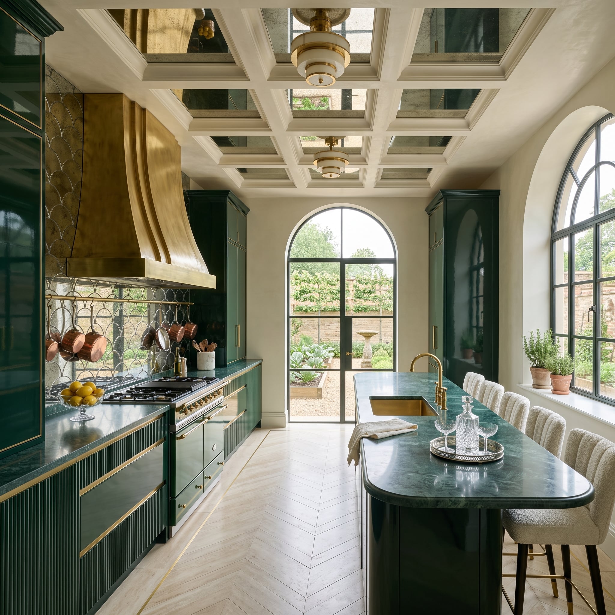 Forest-green kitchen with brass hood, green marble island, and antiqued mirrored ceiling